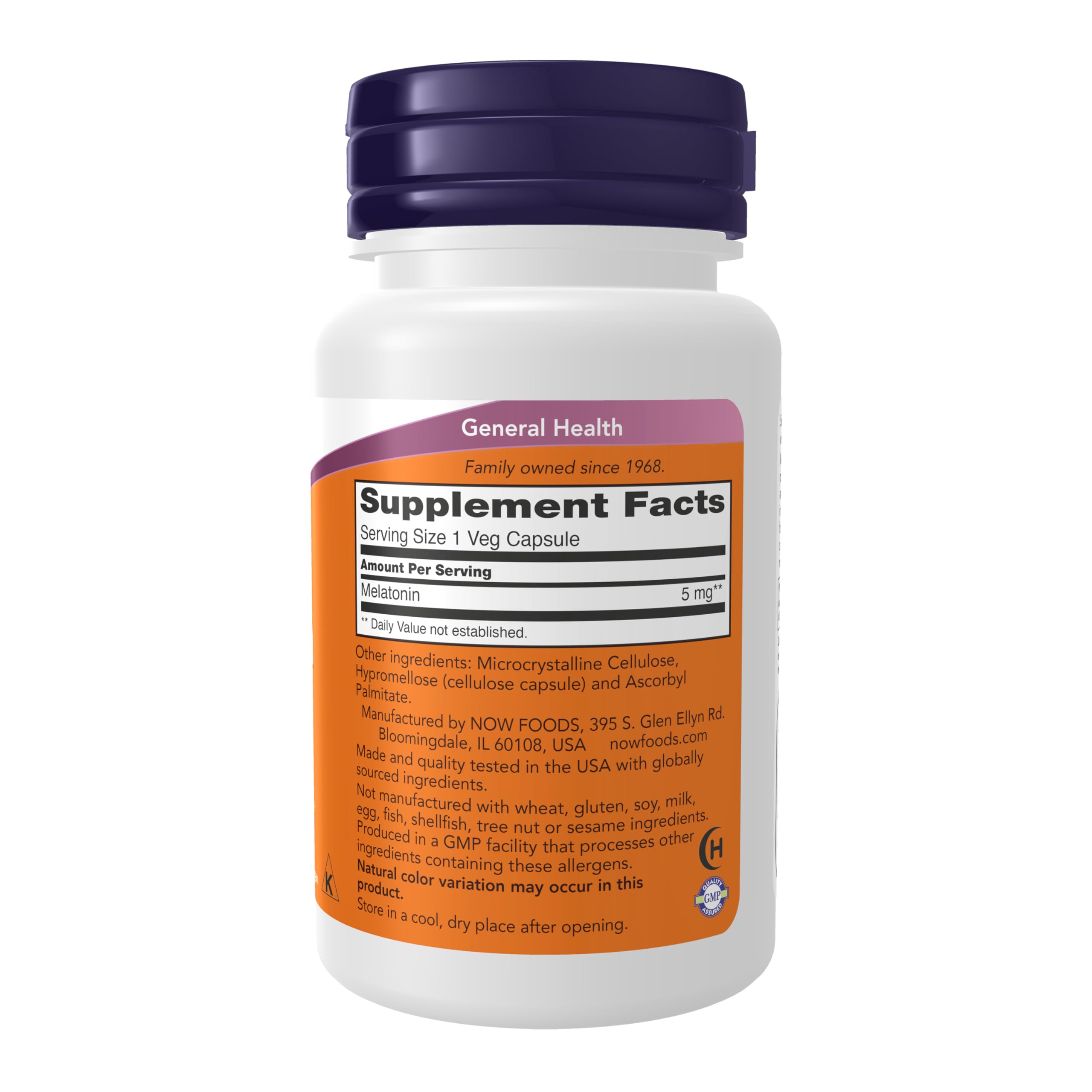 NOW Melatonin 5 mg capsules side view showing capsule details