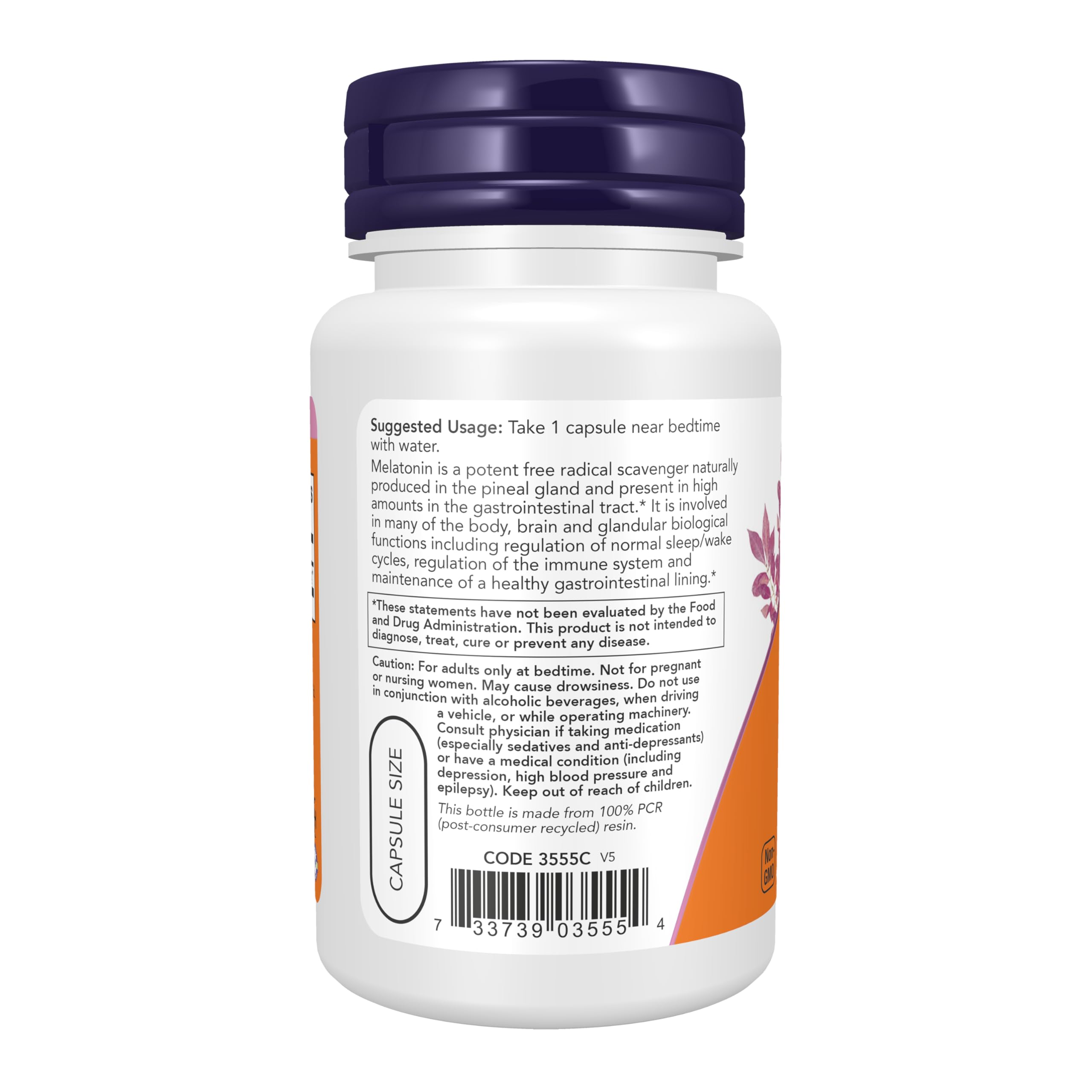 NOW Melatonin 5 mg capsules with a close-up of the label