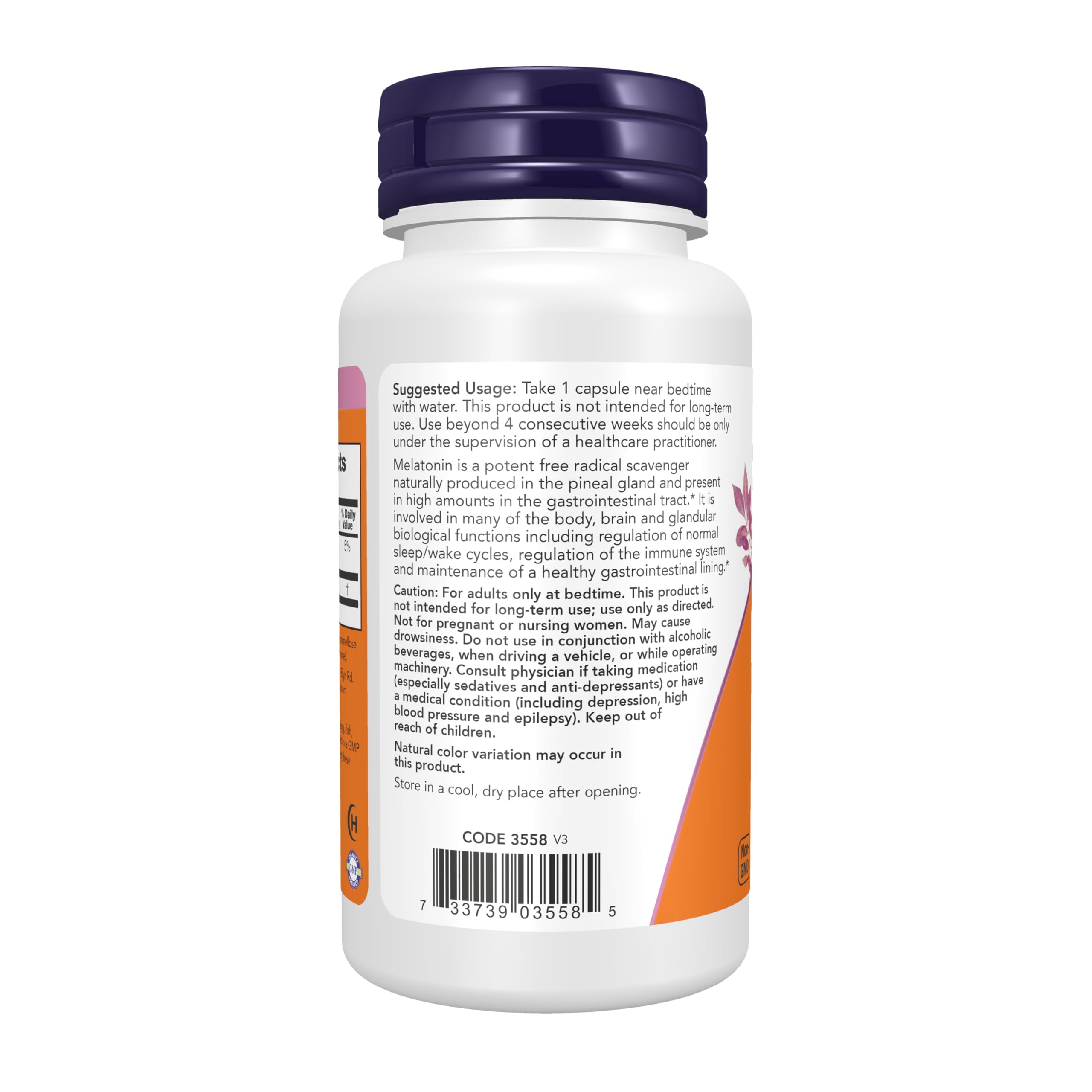 NOW Melatonin capsules on a wooden table