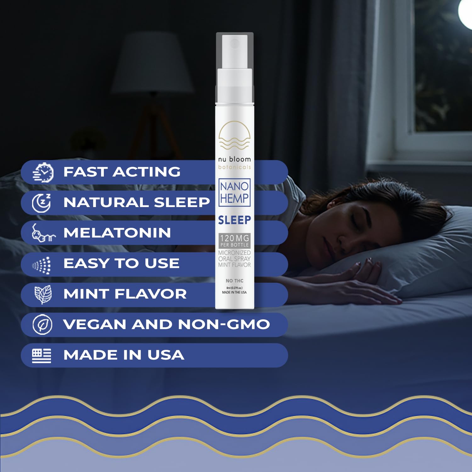 Nu Bloom Sleep Spray 8 mL side view with spray nozzle