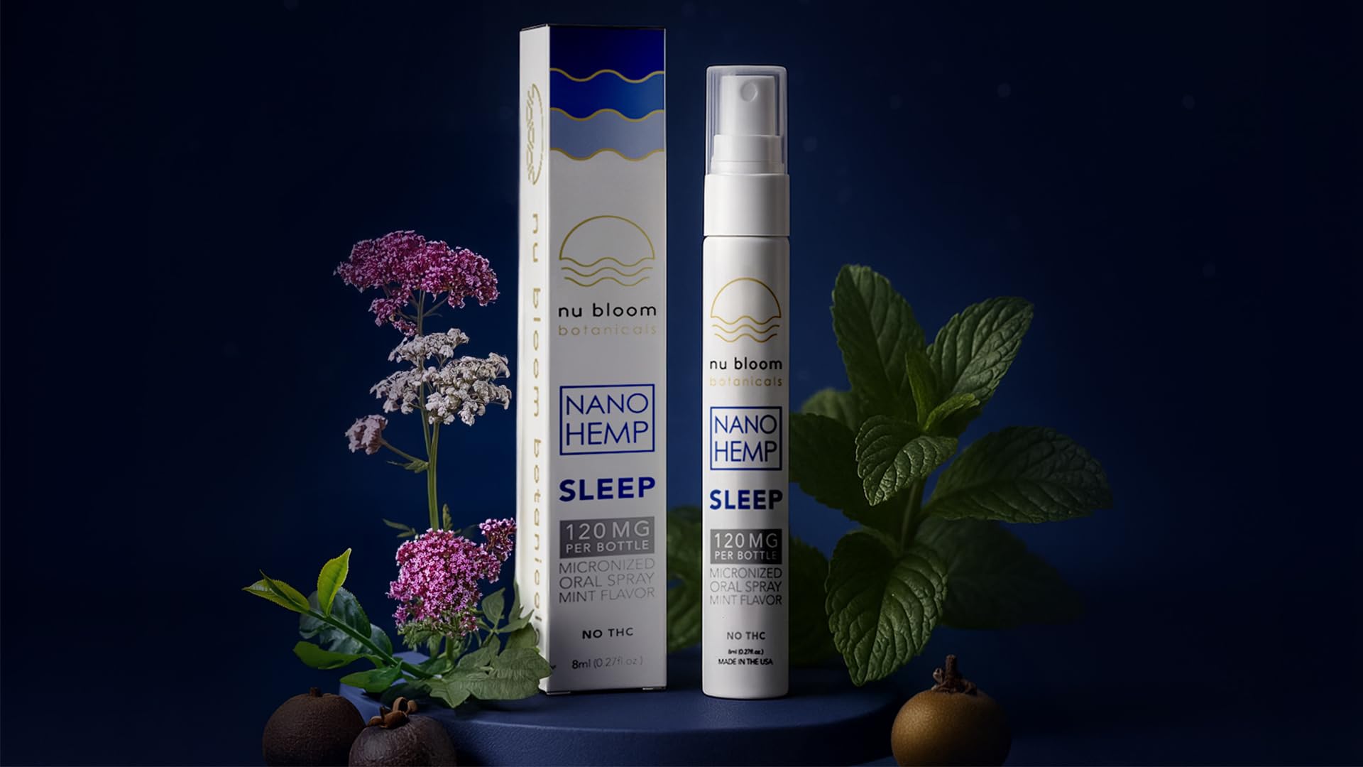 Nu Bloom Sleep Spray 8 mL with a soft blanket background