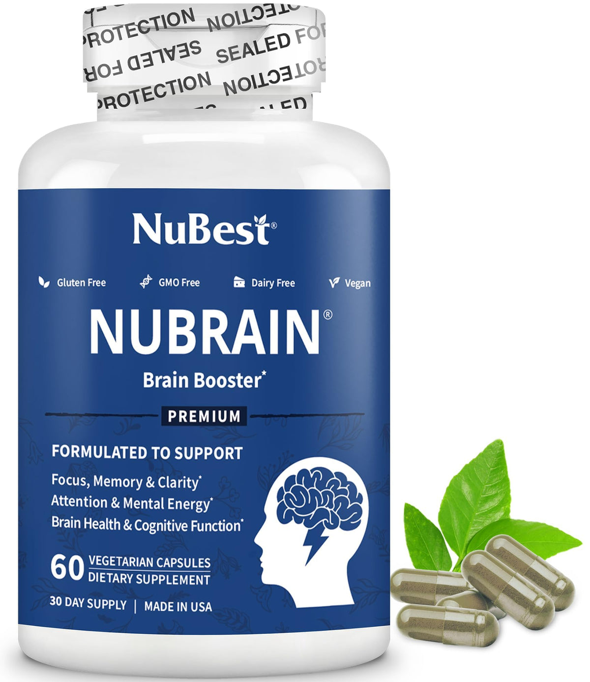 NuBest NuBrain Brain support Supplement 60 vegan capsules front view