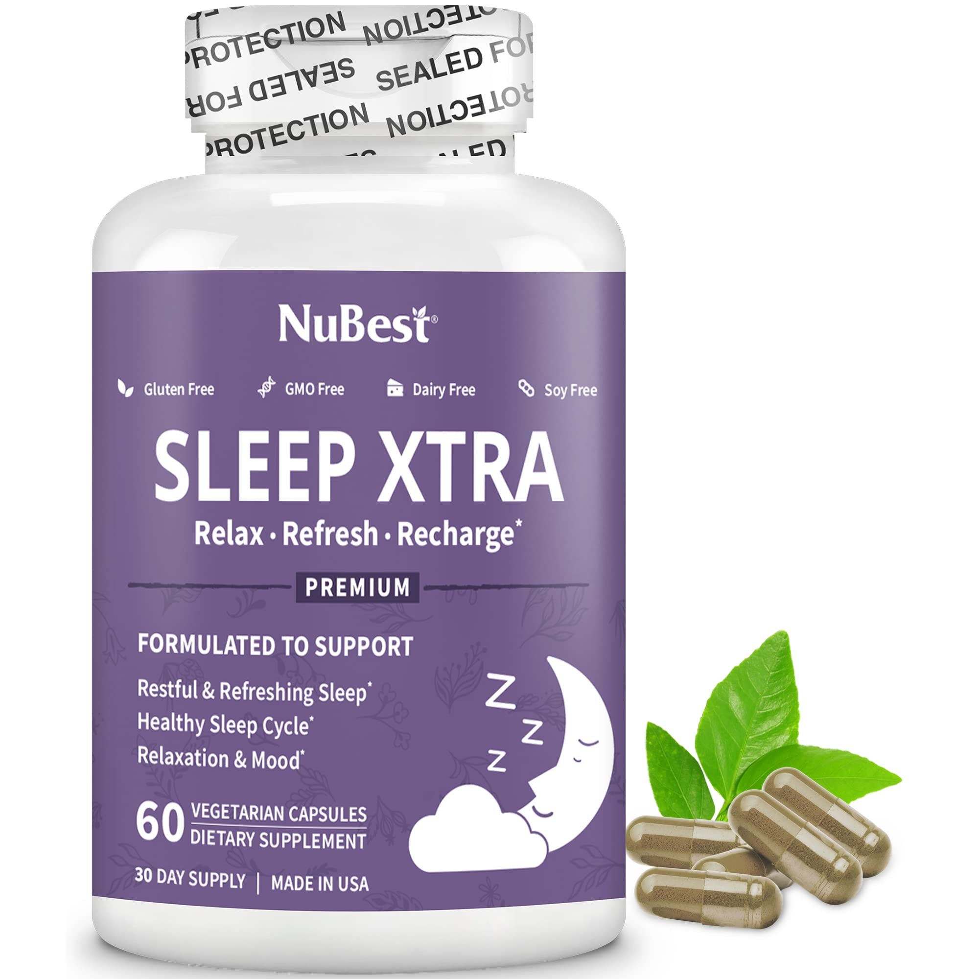 NuBest Sleep Xtra bottle with a peaceful night scene