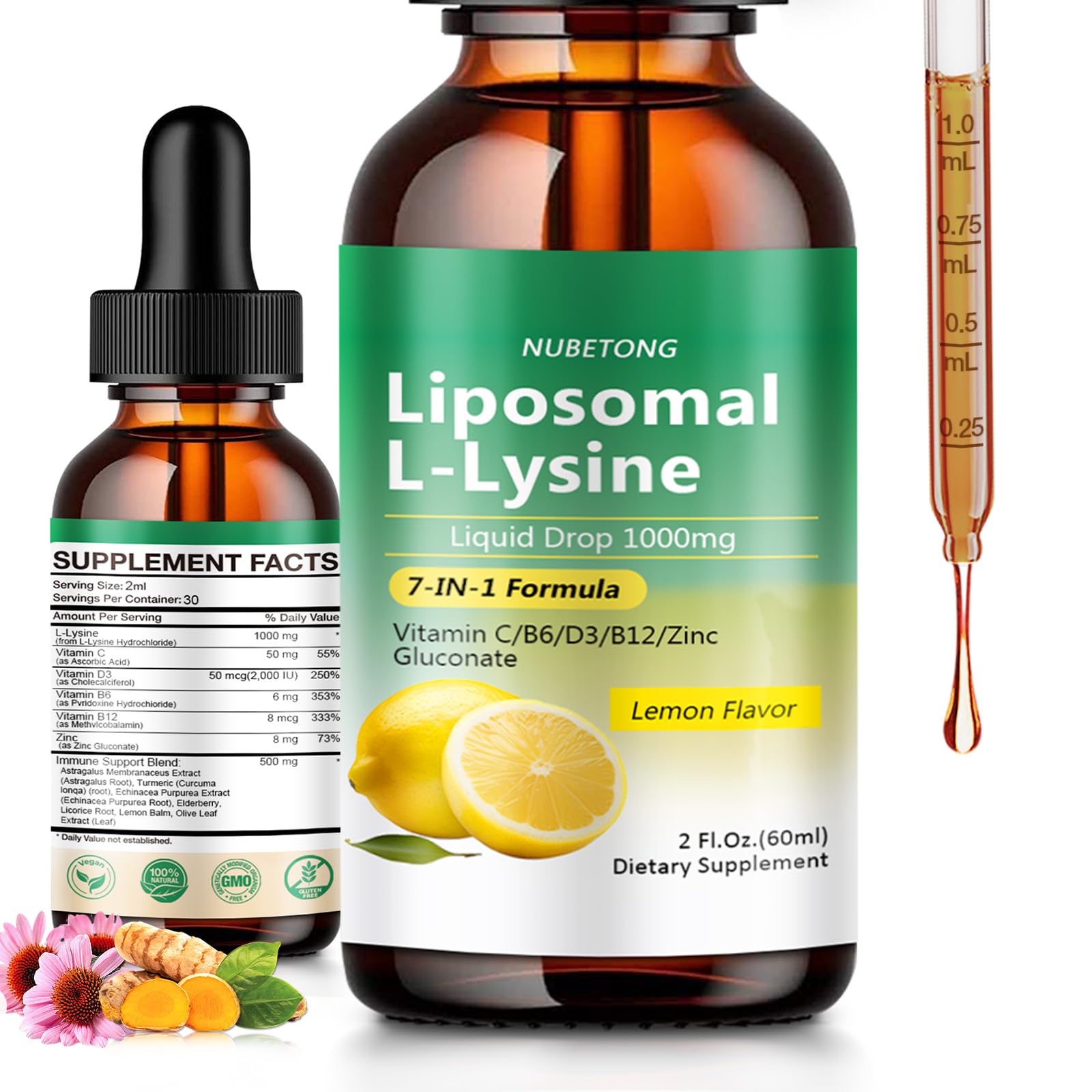 Nubetong L-Lysine Liquid Drops 1000mg bottle front view