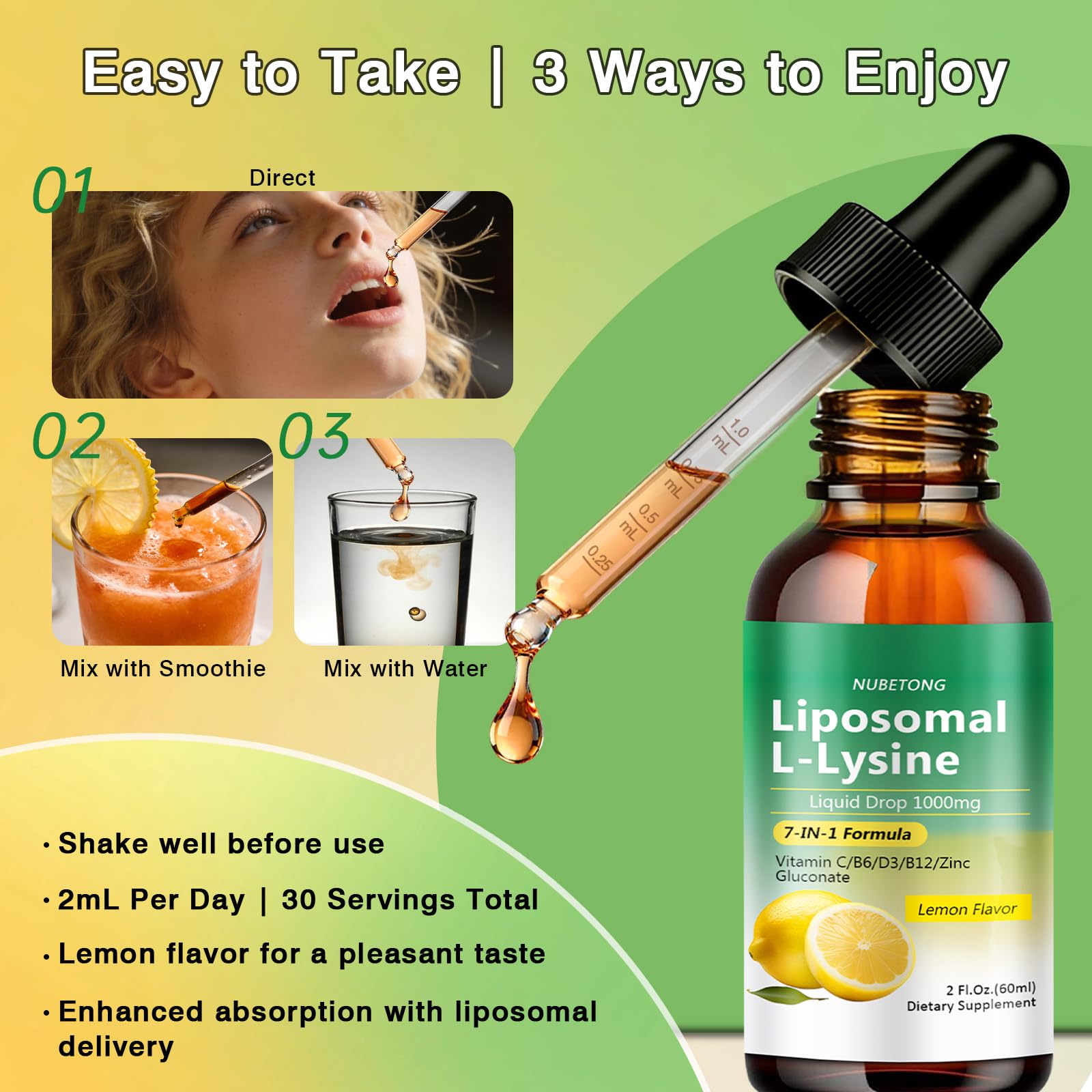 Nubetong L-Lysine Liquid Drops 1000mg on a kitchen counter