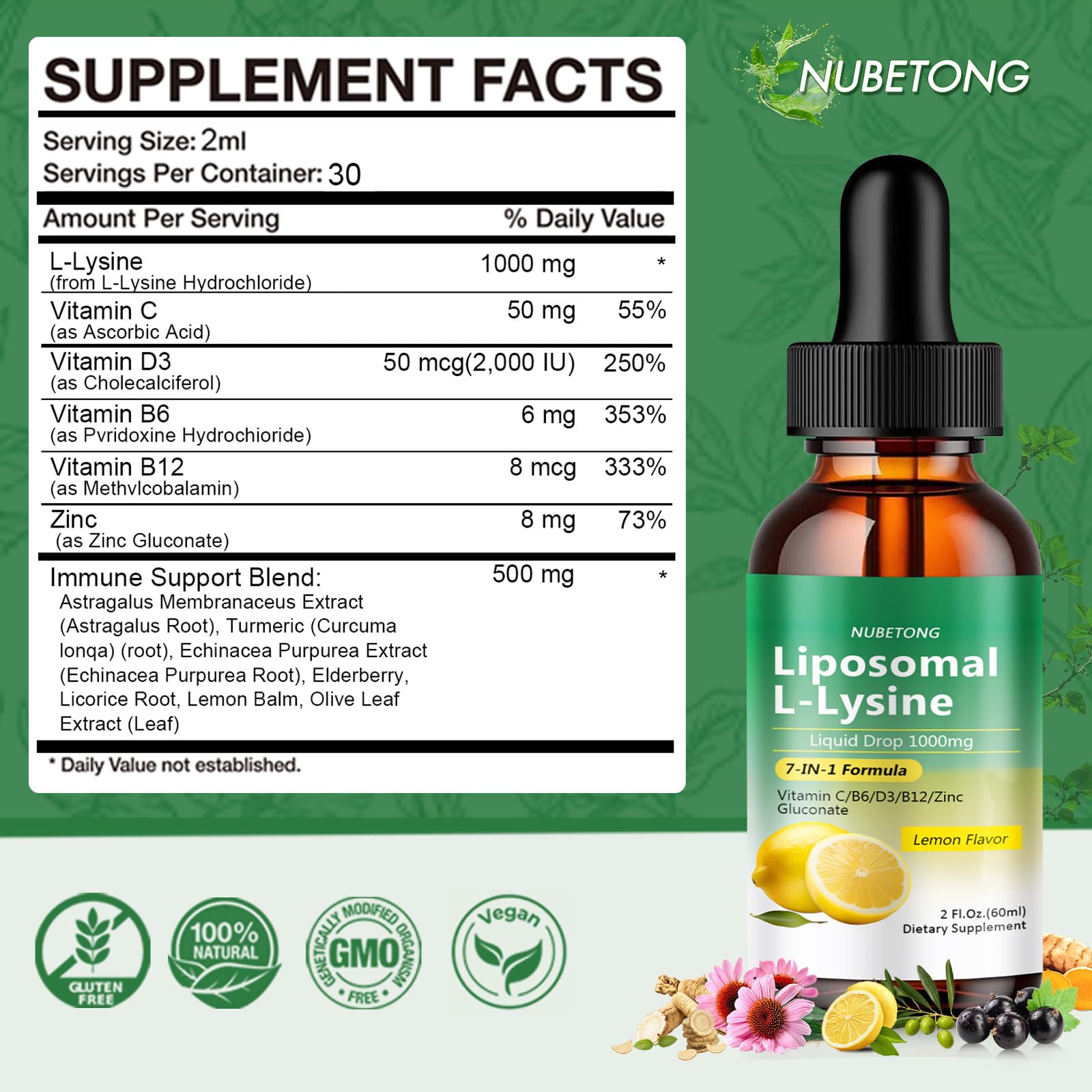 Nubetong L-Lysine Liquid Drops 1000mg with other supplements