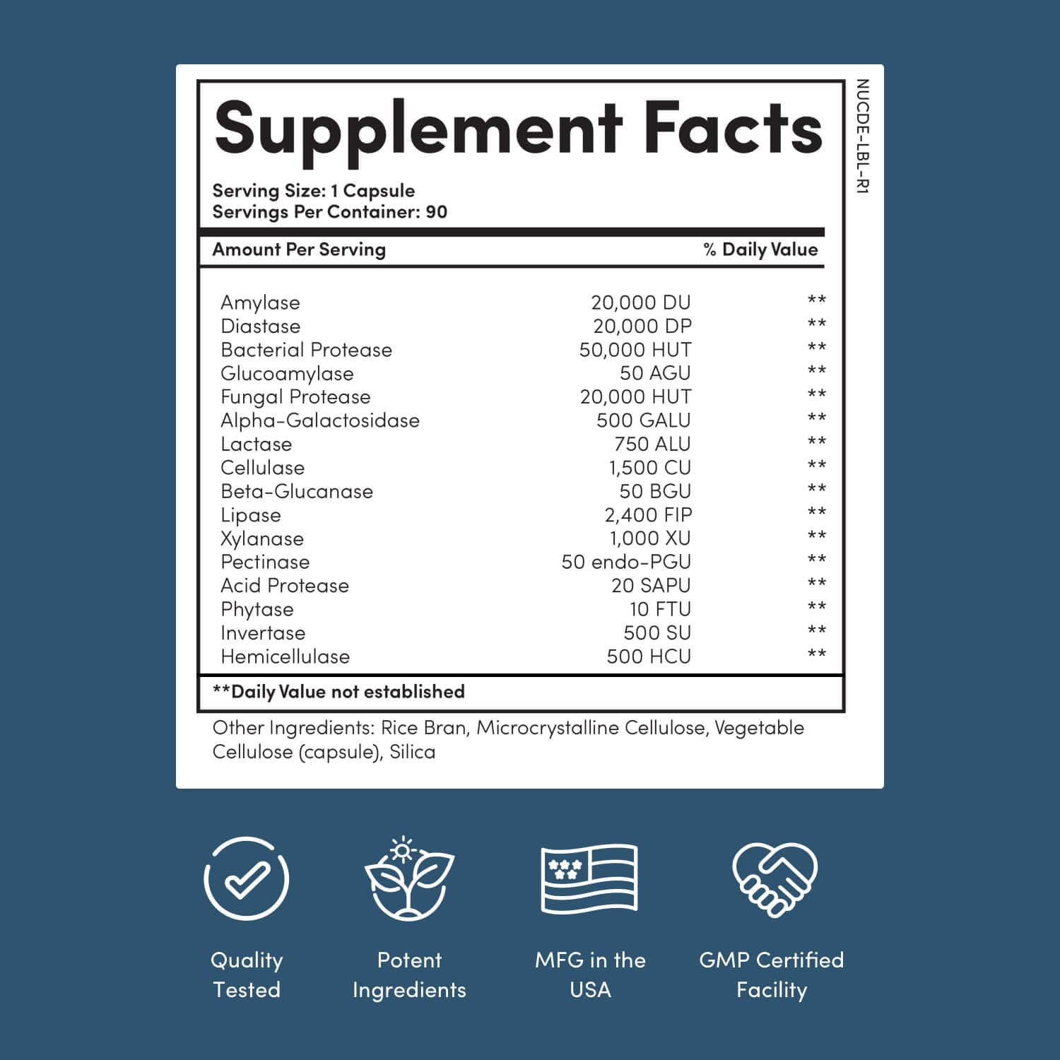 Nucific Multi-Enzymes Capsules side view showing dosage information