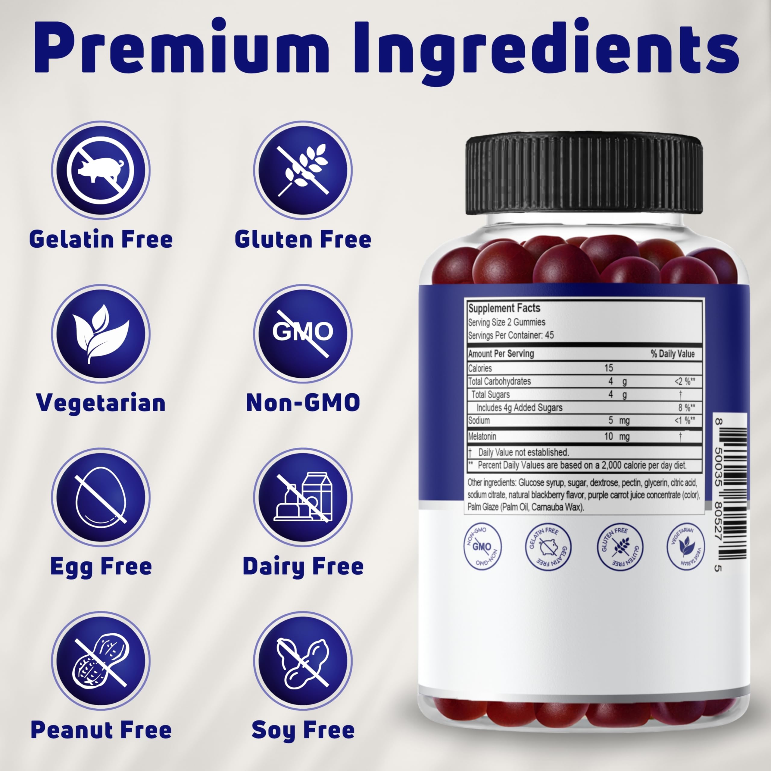 NUELATION Melatonin Gummies 10mg back view of packaging with ingredients