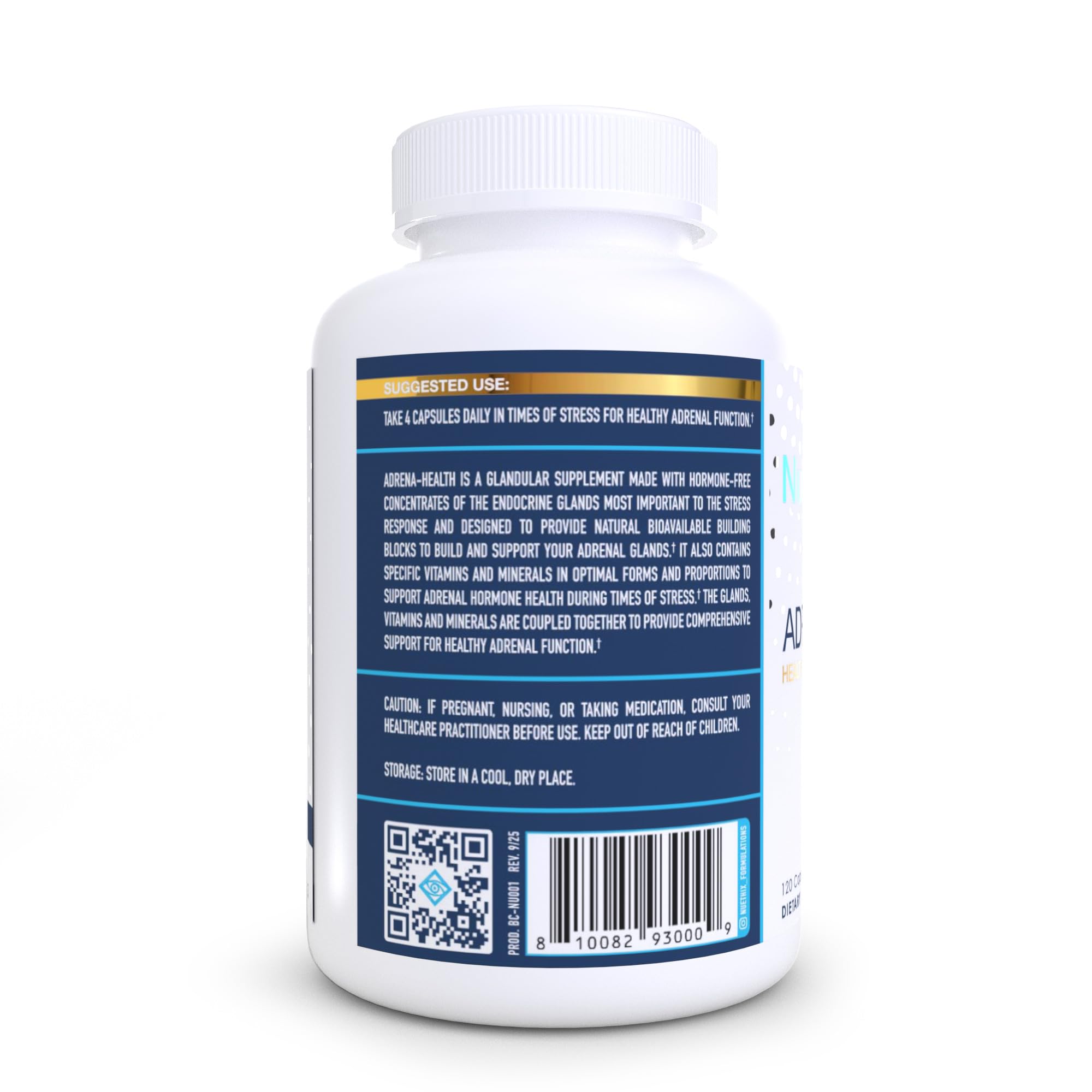 NuEthix Formulations Adrena-Health 120 Capsules back view with ingredient list