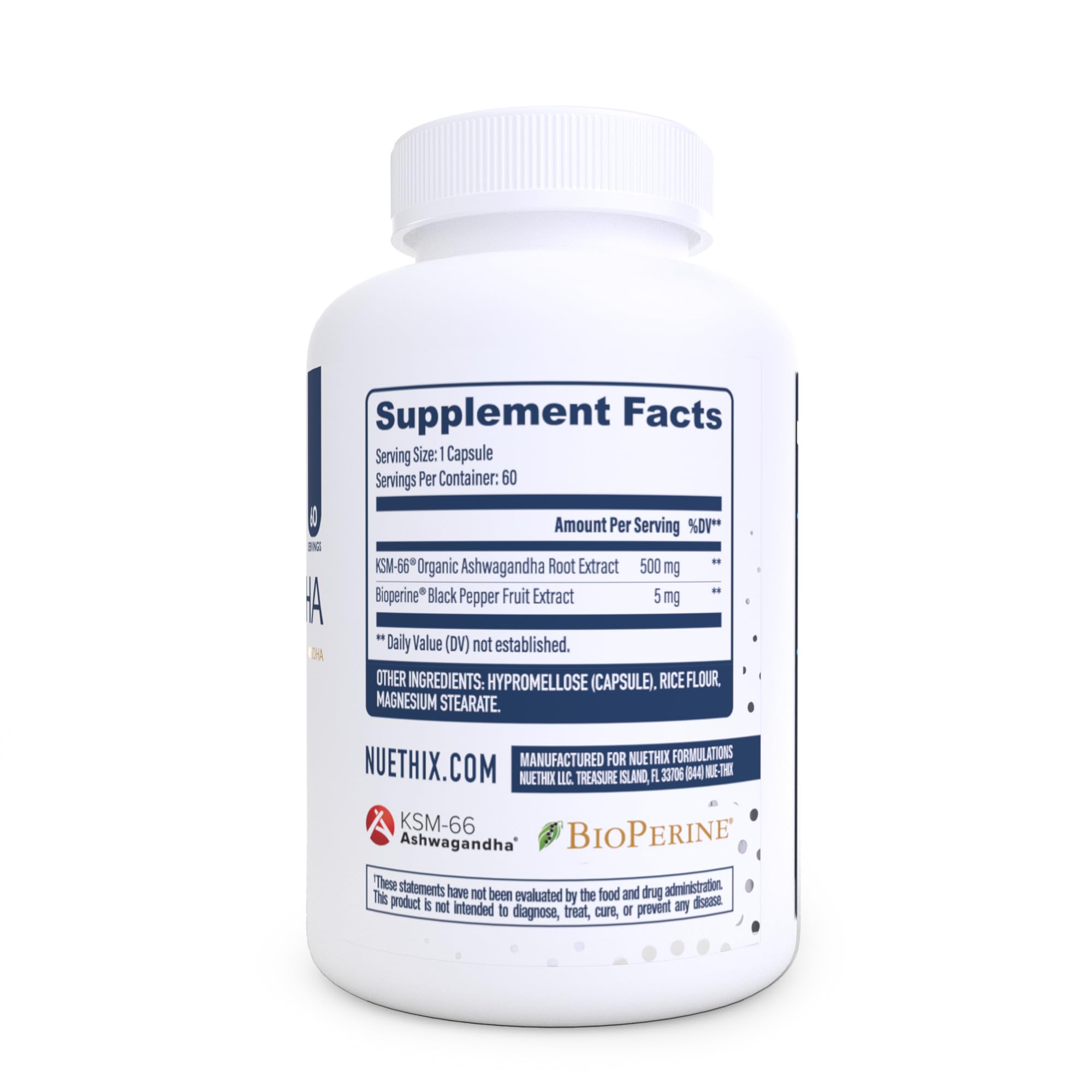 NuEthix Formulations Ashwagandha Supplement bottle side view
