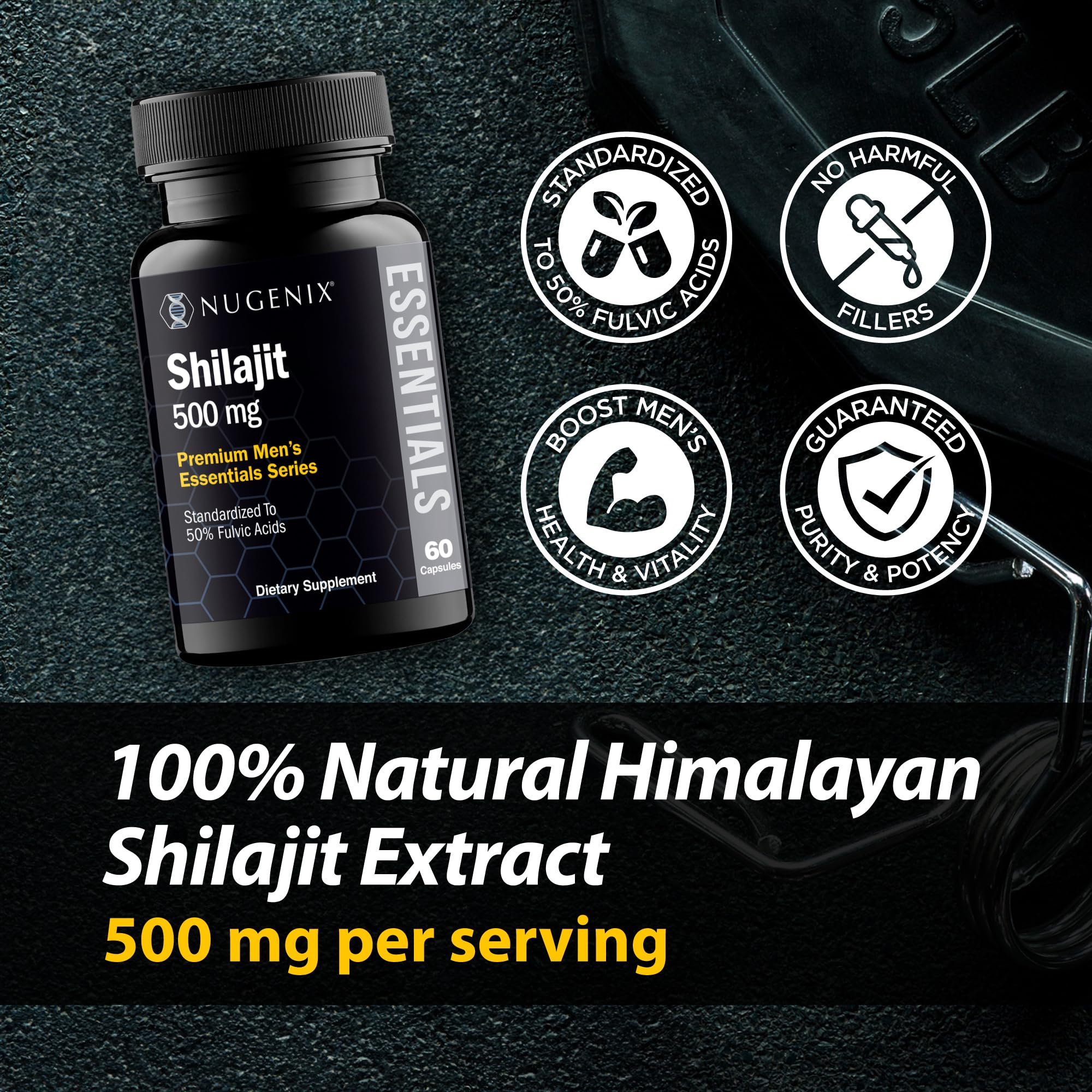 Nugenix Shilajit capsules on a wooden surface