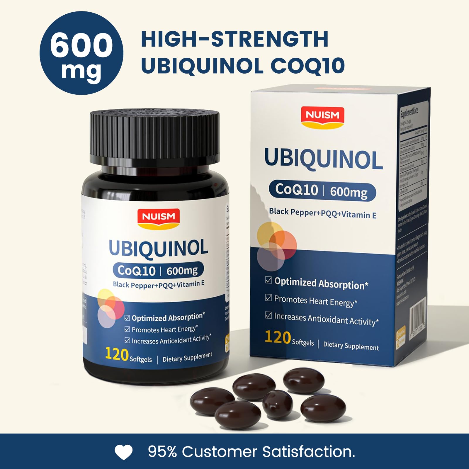 NUISM Ubiquinol CoQ10 supplement with olive oil and sunflower lecithin