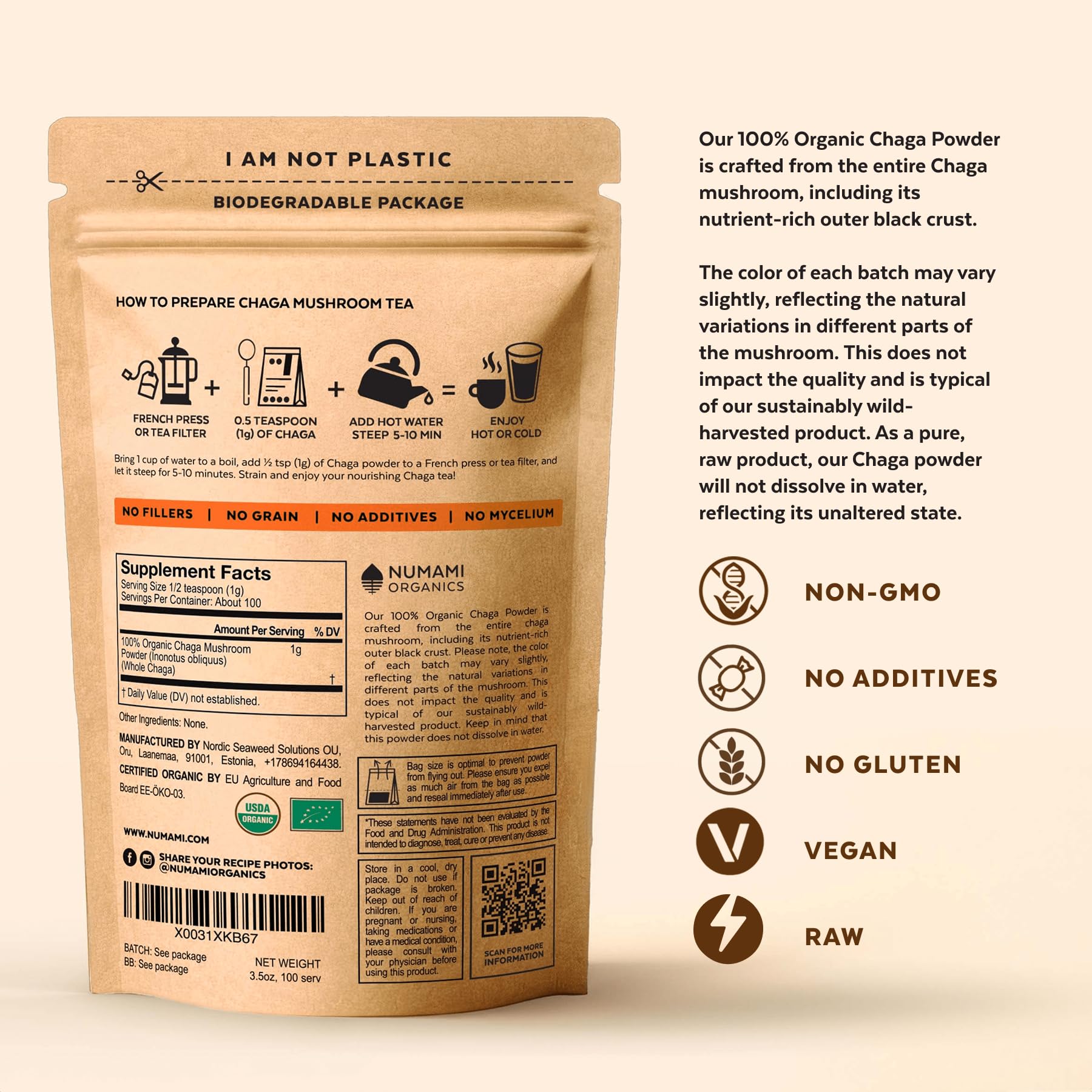 Numami Chaga Mushroom Powder 91g lifestyle scene with herbal supplements