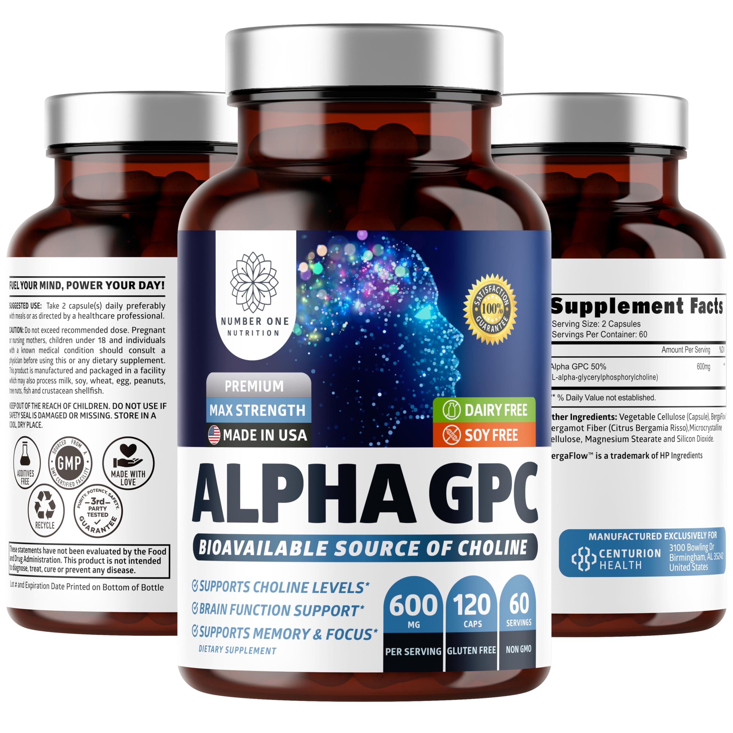 Number One Nutrition Alpha GPC Choline 600mg supplement bottle front view