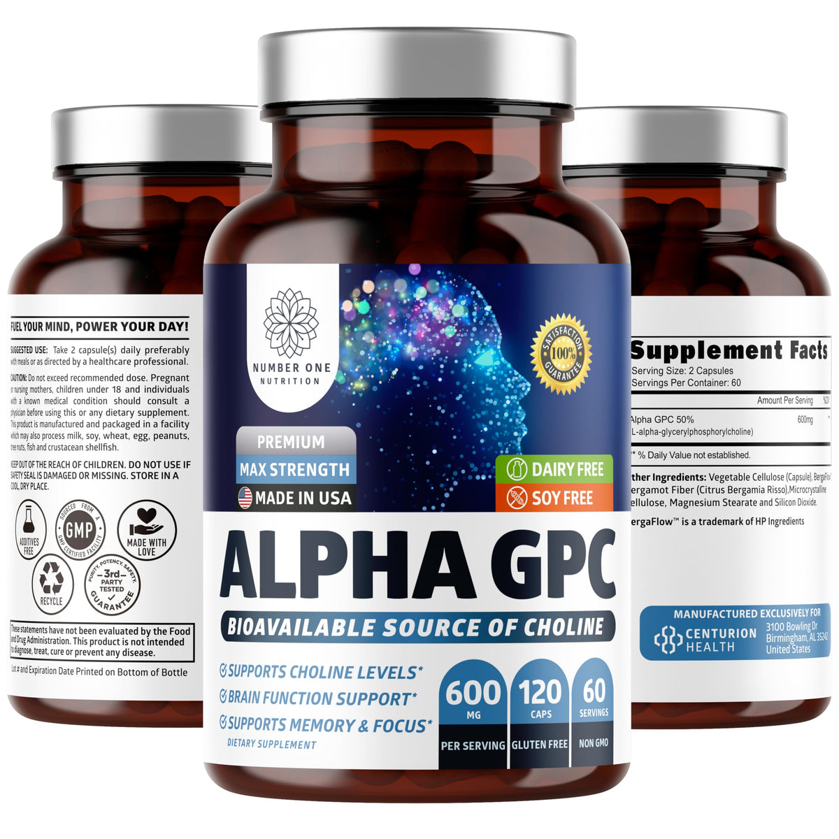 Number One Nutrition Alpha GPC Choline 600mg supplement bottle front view