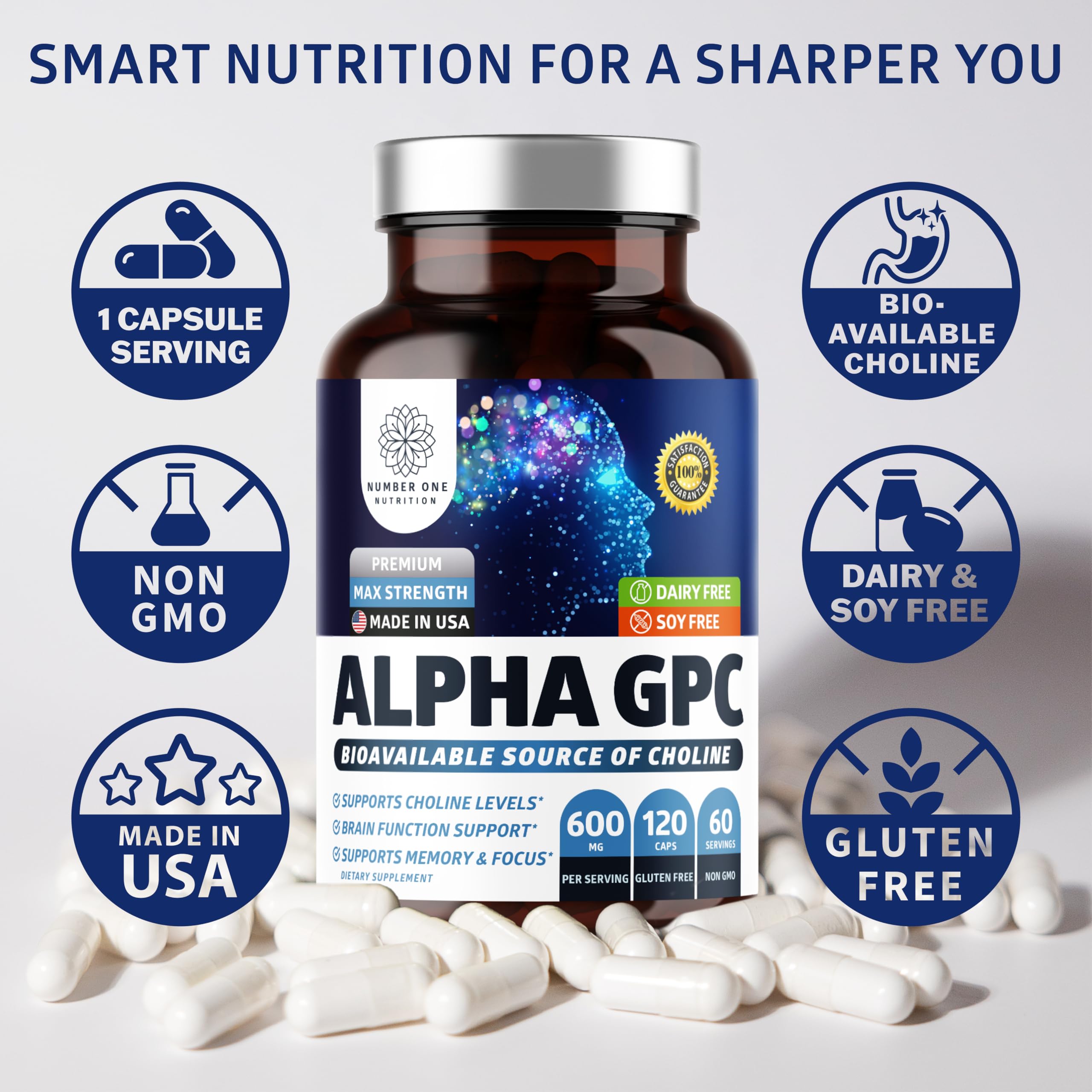 Number One Nutrition Alpha GPC Choline 600mg supplement bottle with measuring spoon