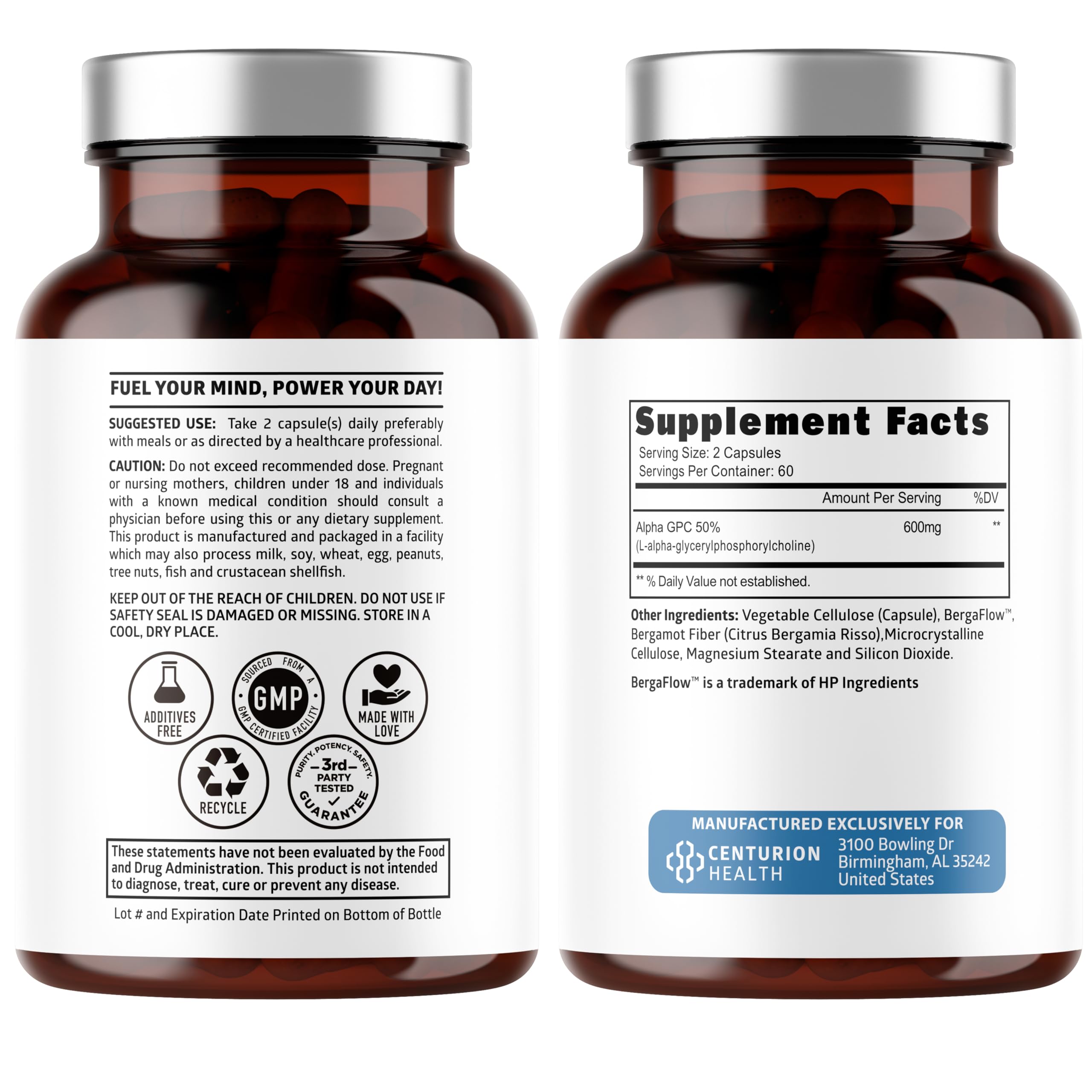 Number One Nutrition Alpha GPC Choline 600mg supplement capsules close-up