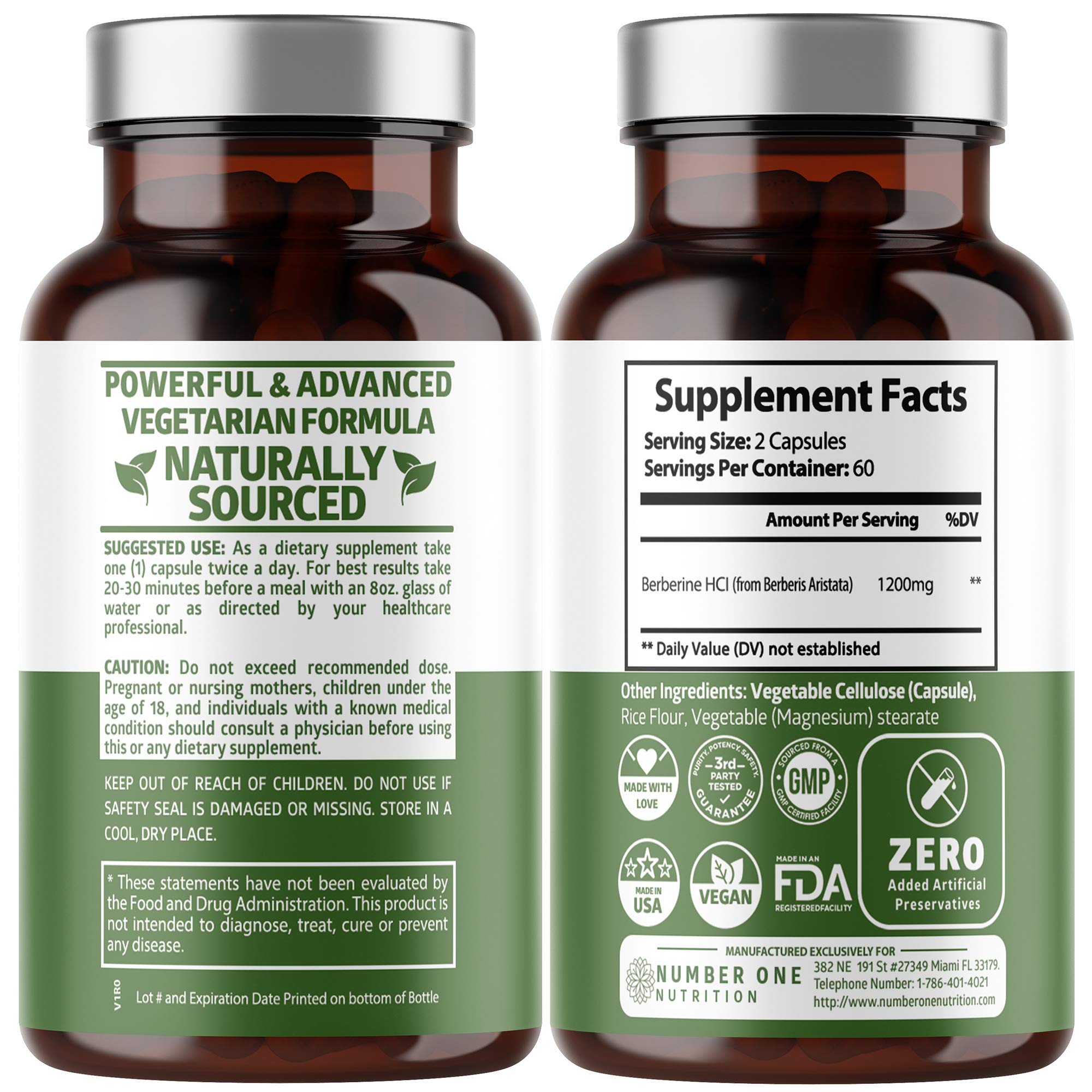 Number One Nutrition Berberine HCl Supplement 1200mg bottle side view