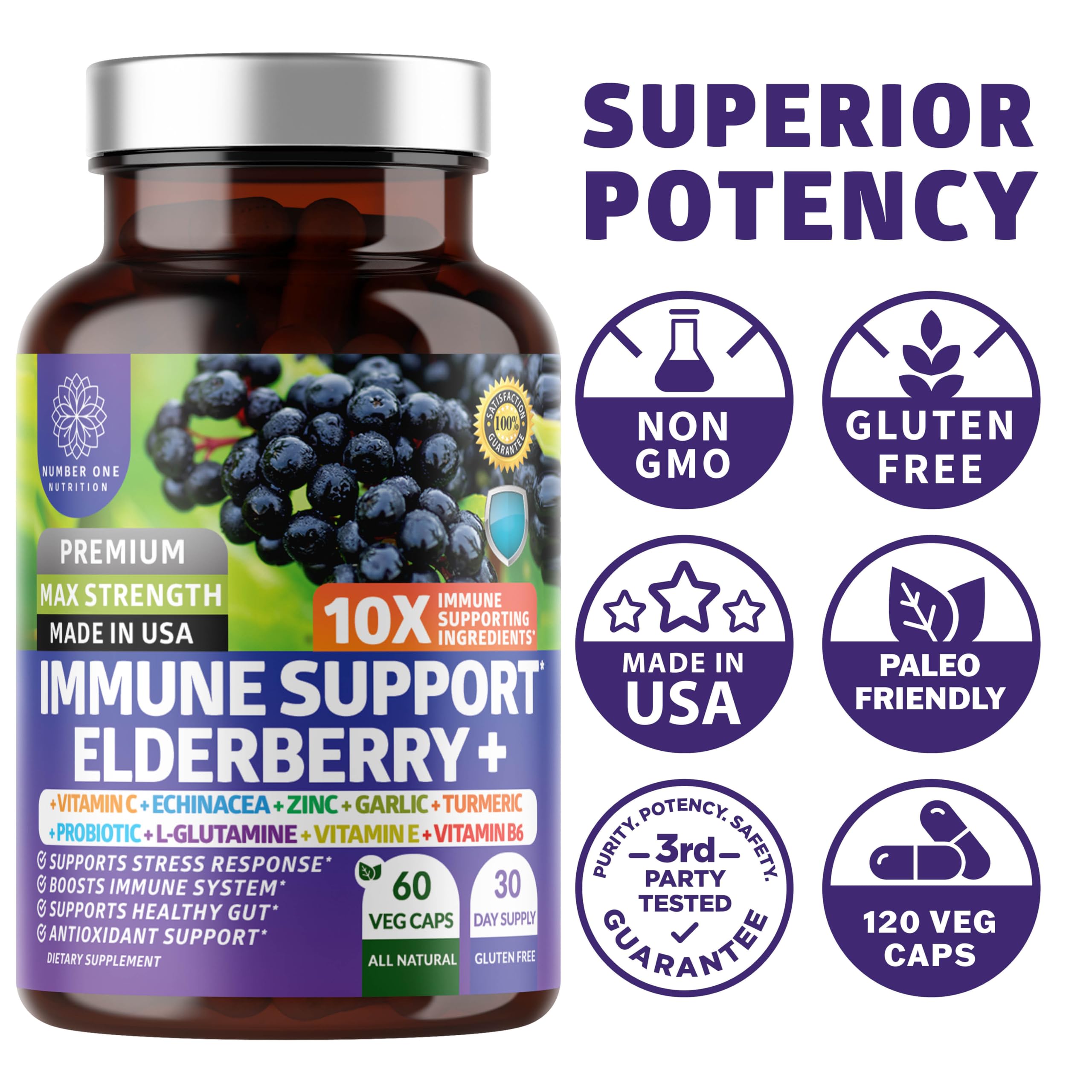 Number One Nutrition Elderberry daily wellness Support Supplement displayed with fresh elderberries