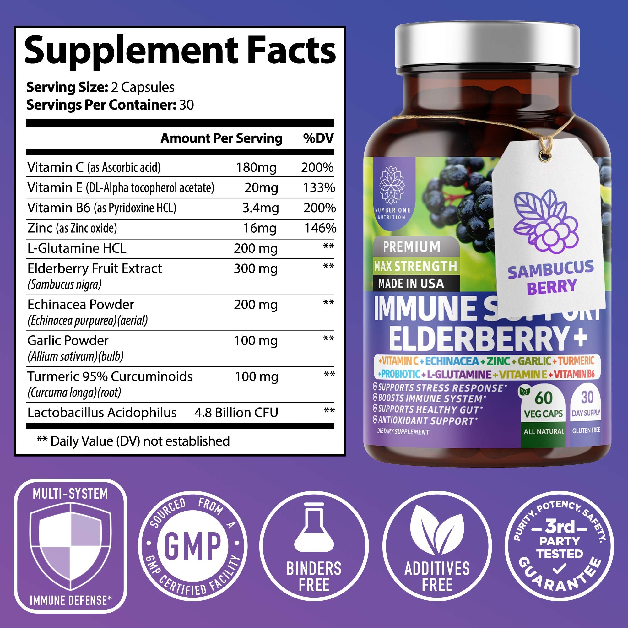 Number One Nutrition Elderberry daily wellness Support Supplement side view showing capsule count