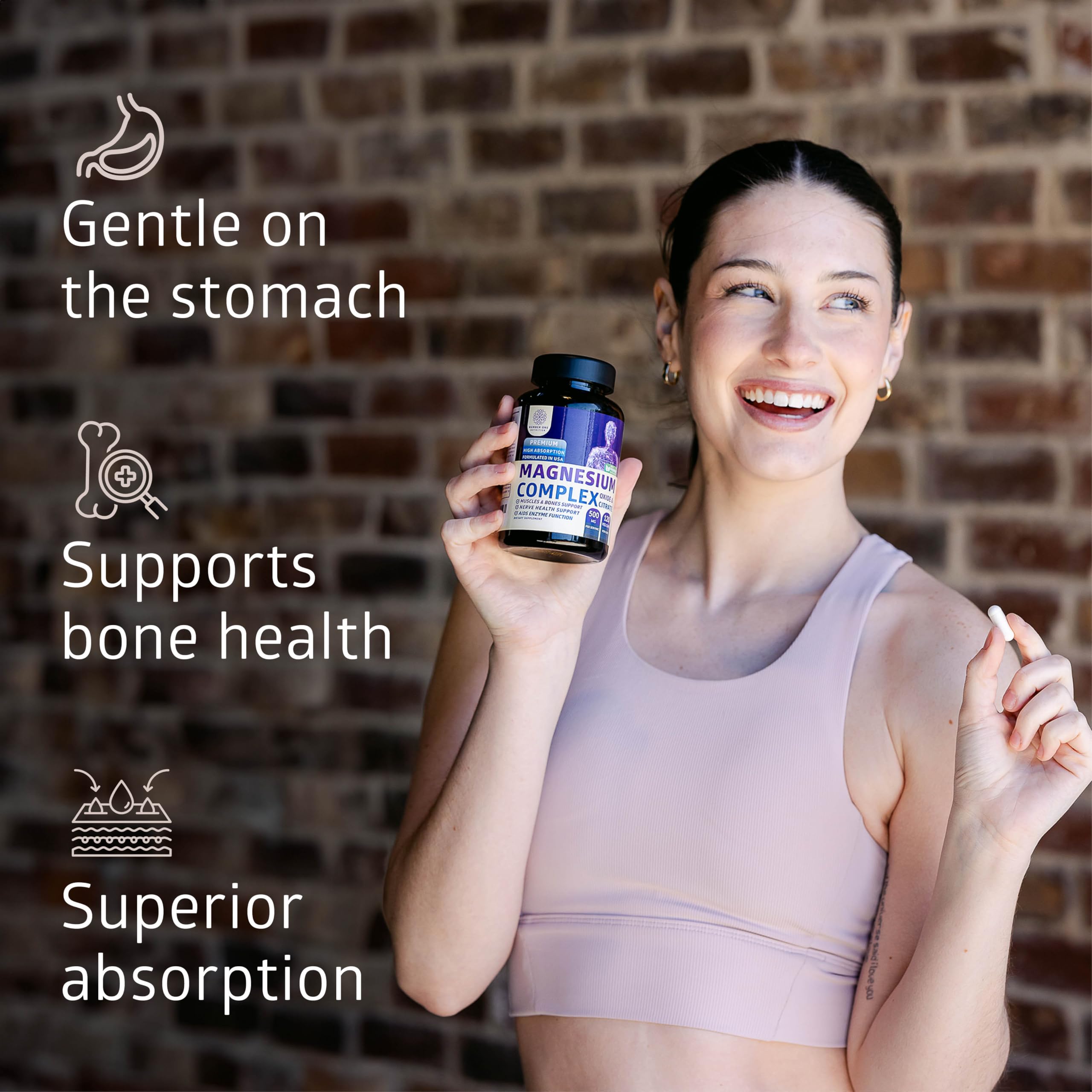 Number One Nutrition Magnesium Complex 500mg bottle with capsules on a wooden table
