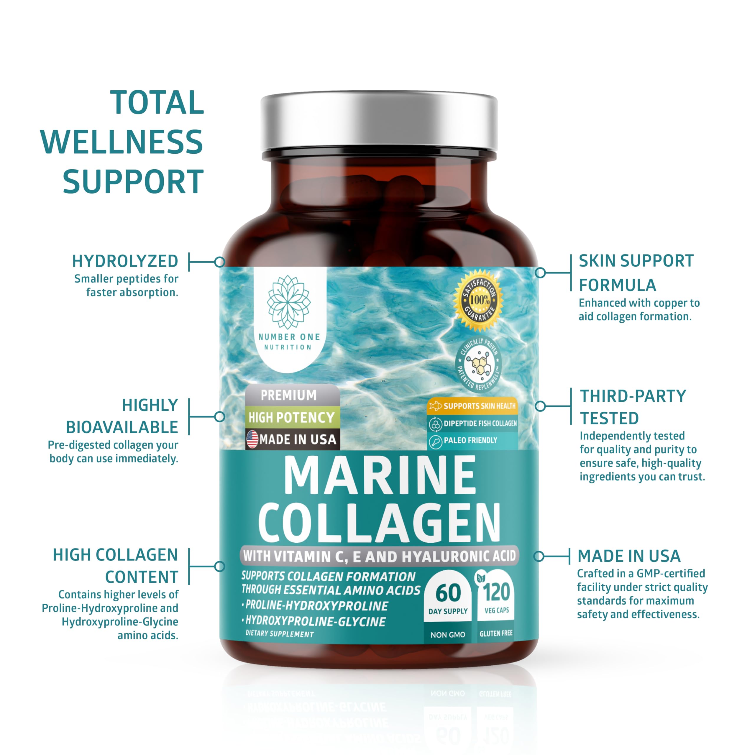 Number One Nutrition Marine Collagen Capsules on a wooden table