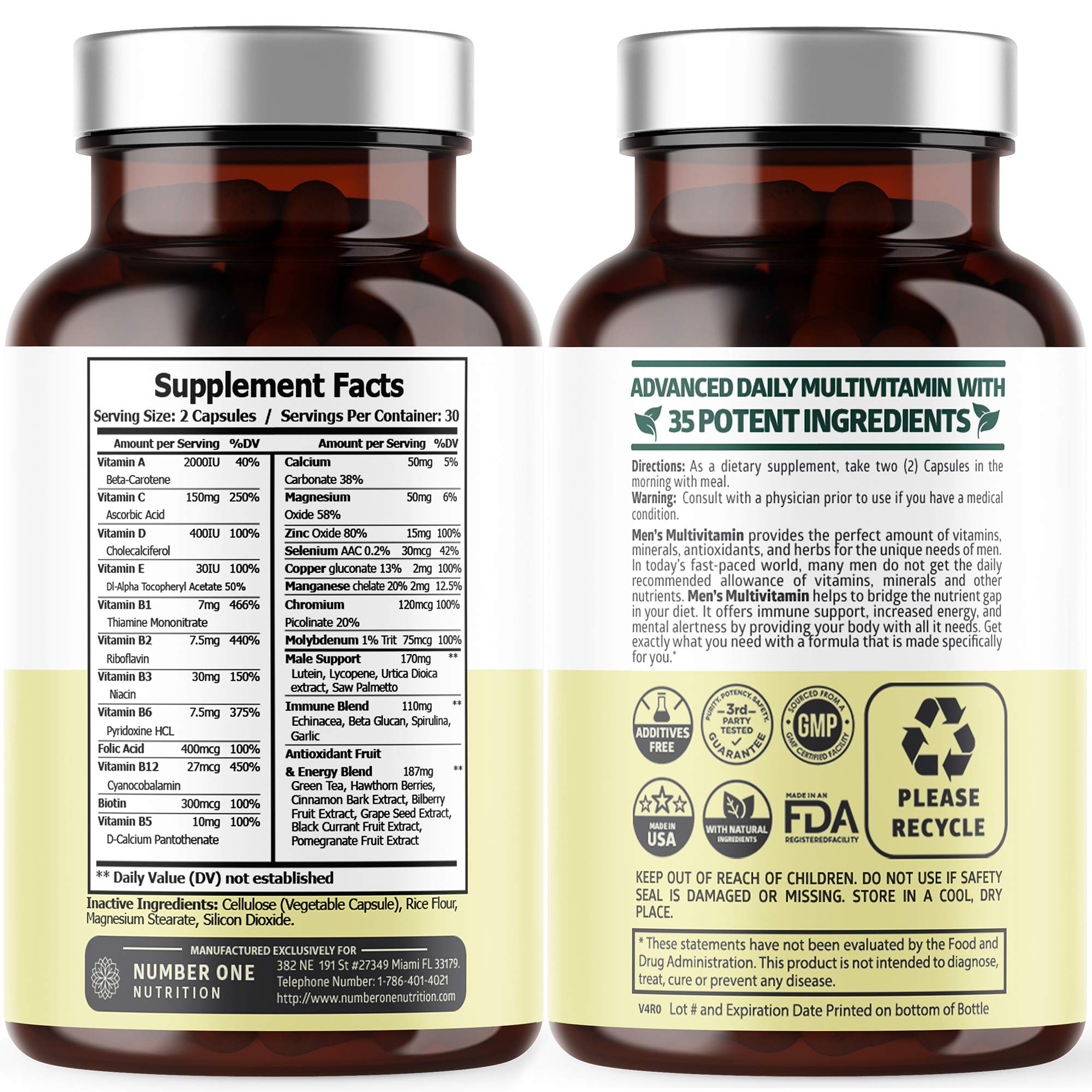 Number One Nutrition Men's Multivitamin back view showing ingredients