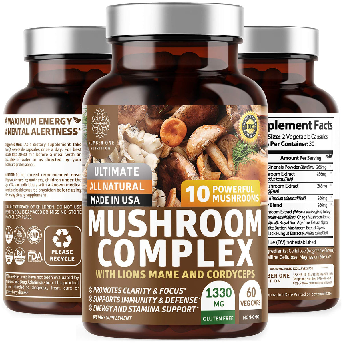 Number One Nutrition Mushroom Blend Capsules front view