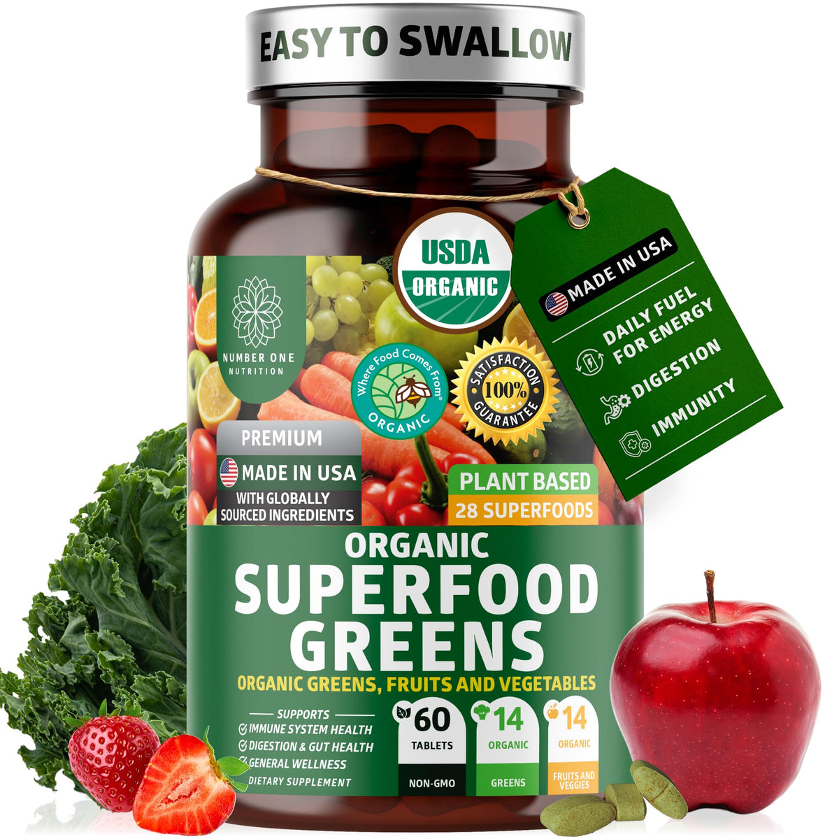 Number One Nutrition Organic Alfalfa Greens Tablets front view