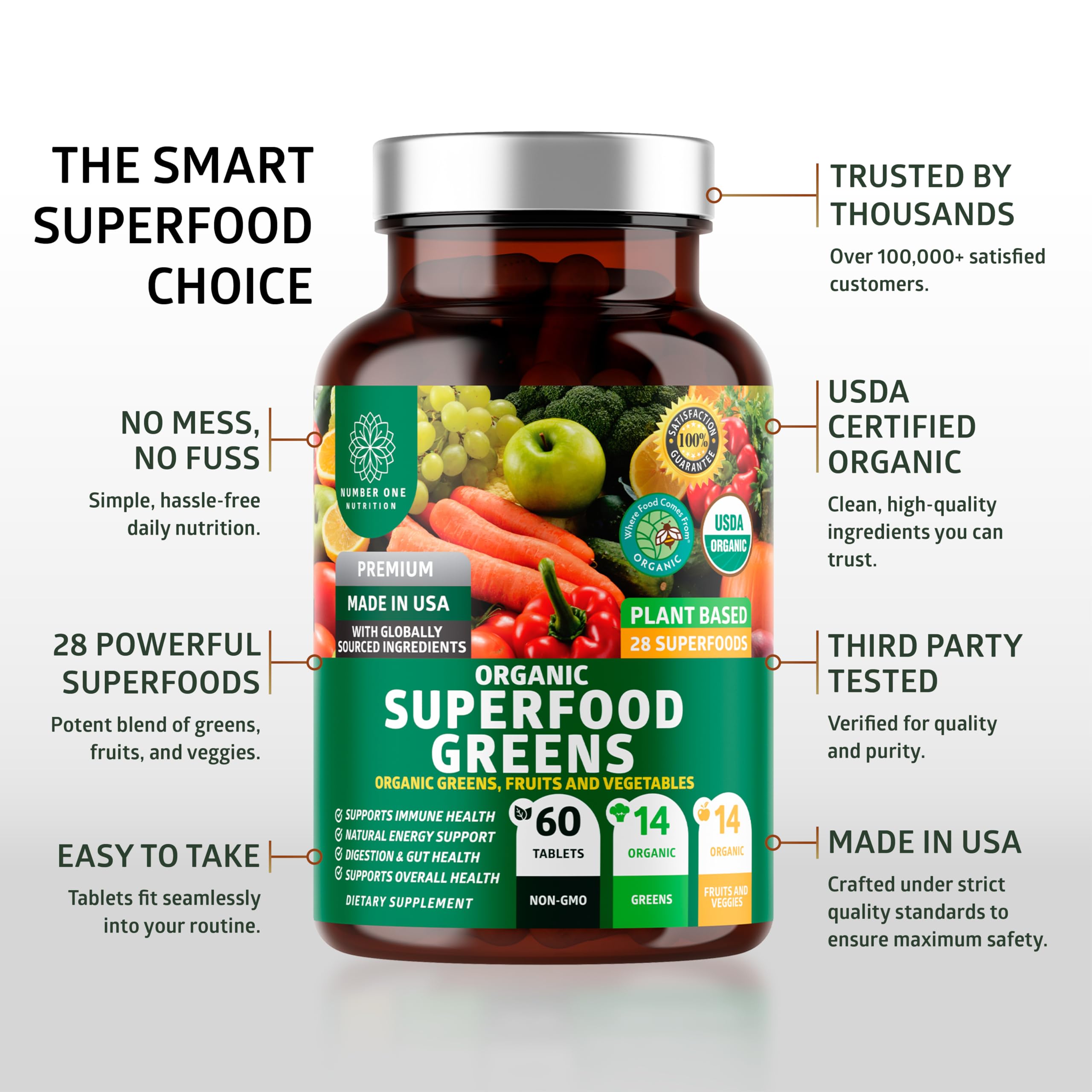 Number One Nutrition Organic Alfalfa Greens Tablets with a measuring spoon