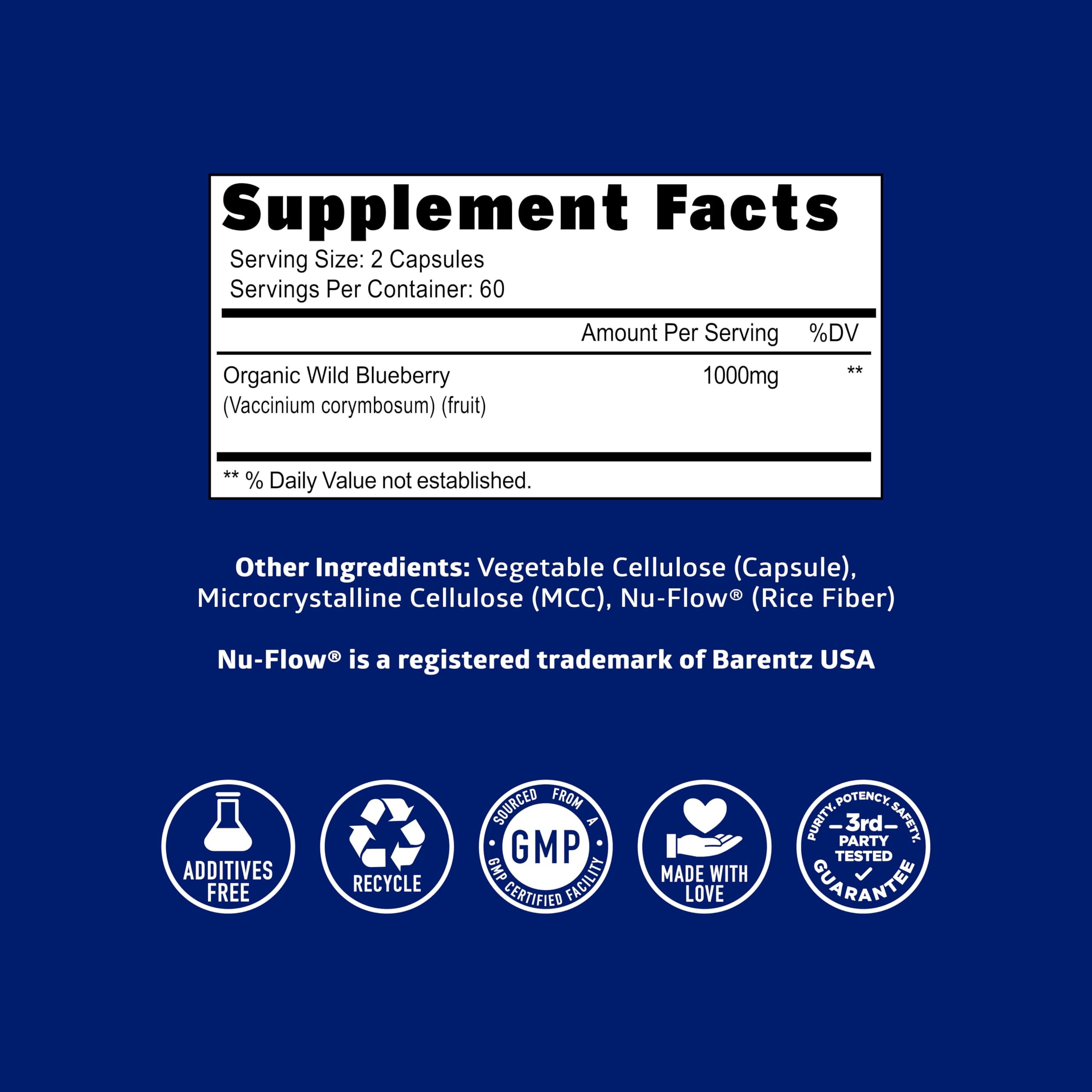 Number One Nutrition Organic Wild Blueberry Extract nutrition label