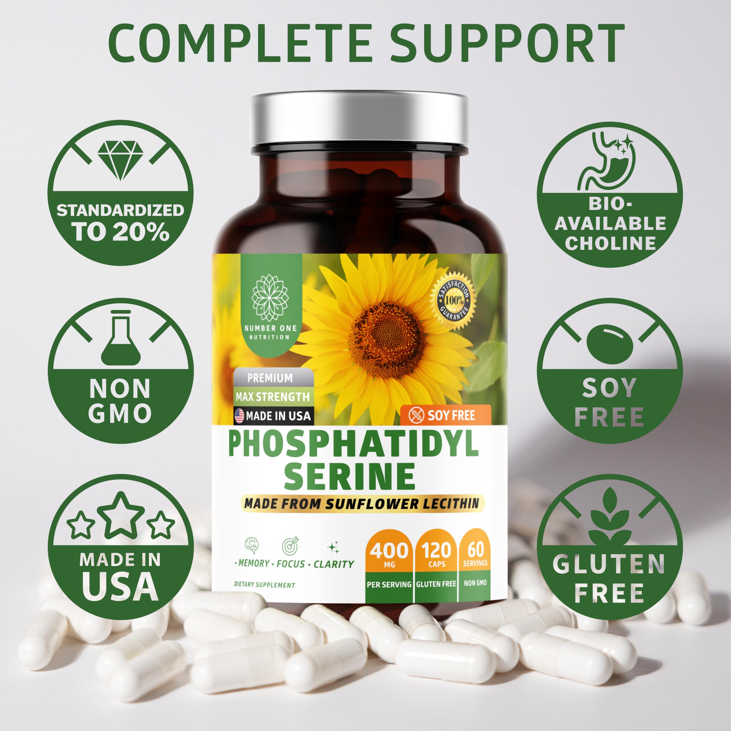 Number One Nutrition Phosphatidylserine Capsules with ingredients list
