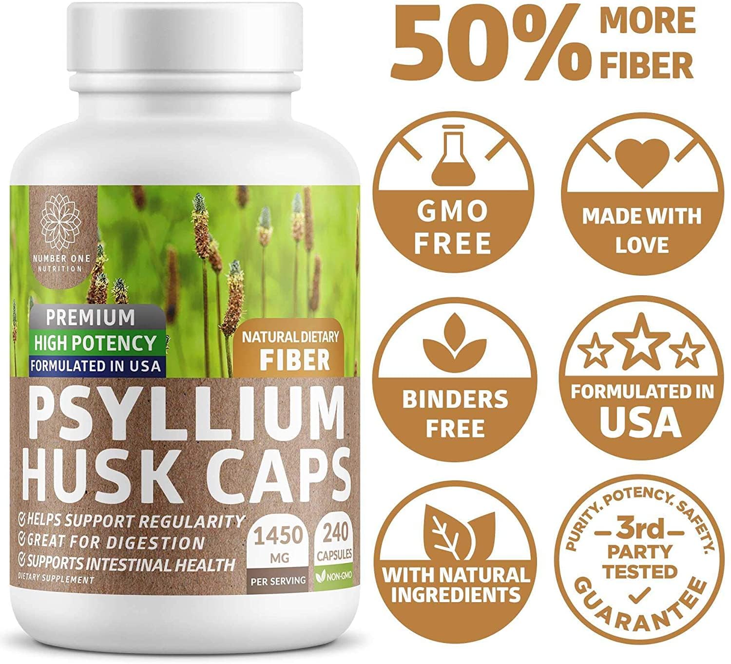 Number One Nutrition Psyllium Husk Capsules 1450mg back label