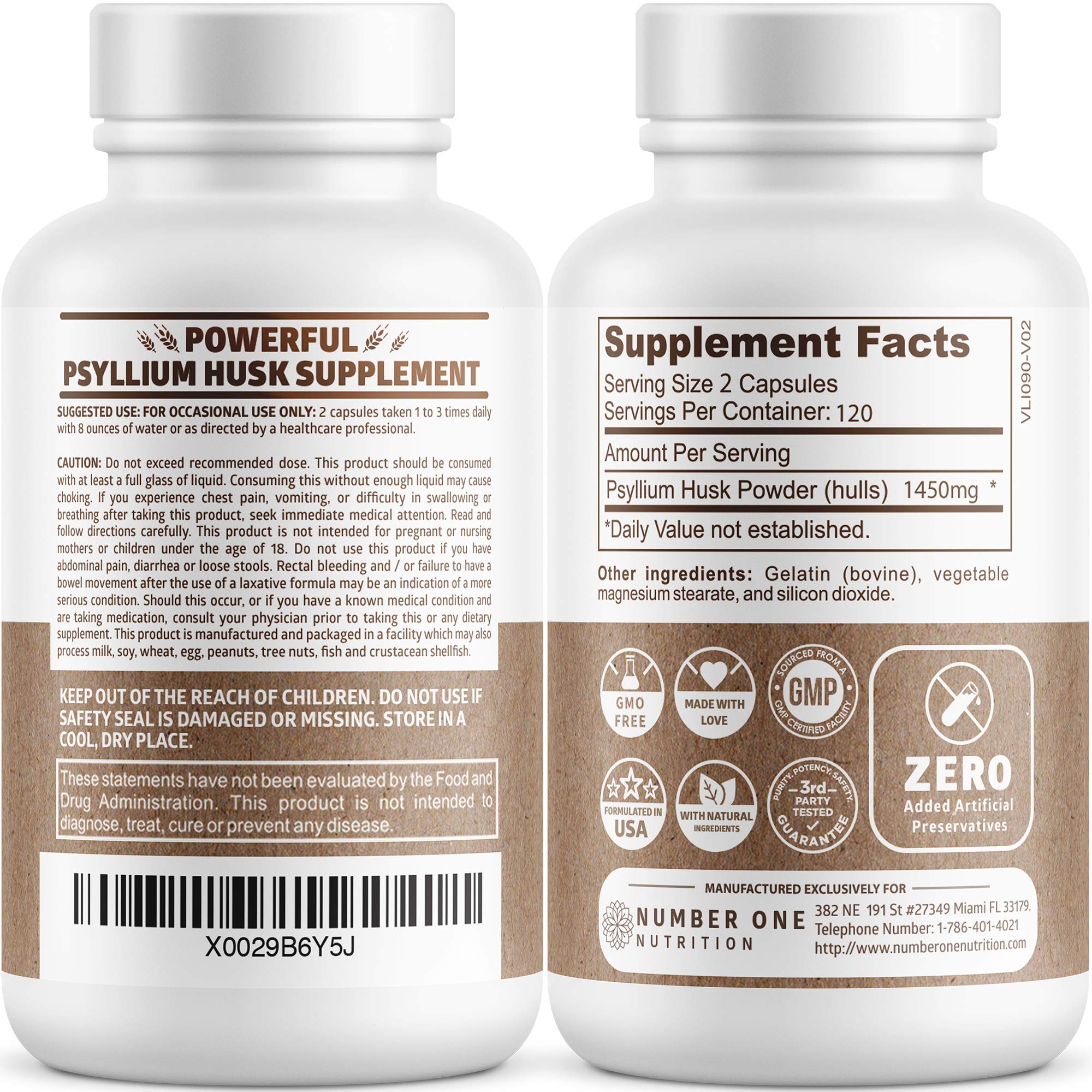 Number One Nutrition Psyllium Husk Capsules 1450mg bottle side view