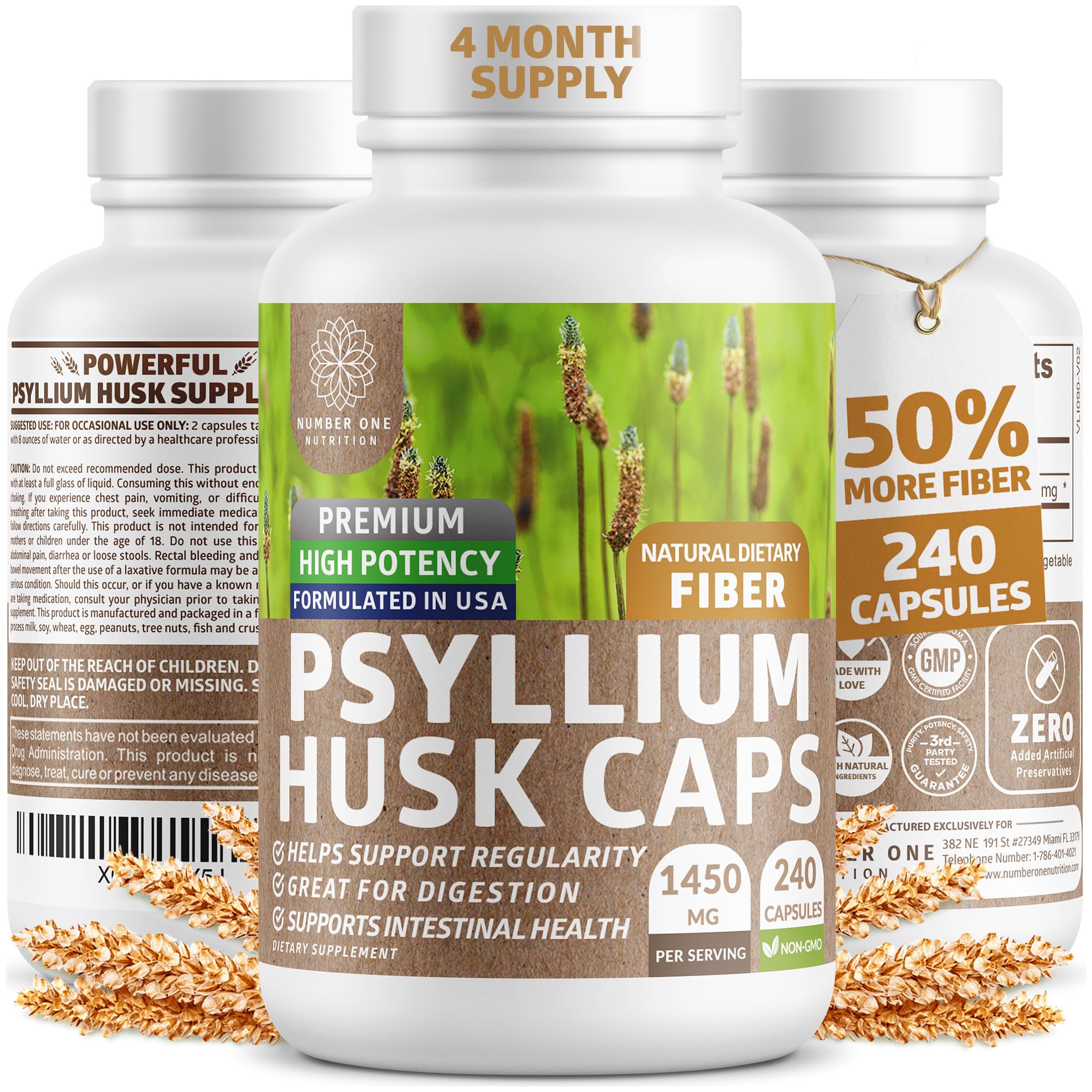 Number One Nutrition Psyllium Husk Capsules 1450mg front view