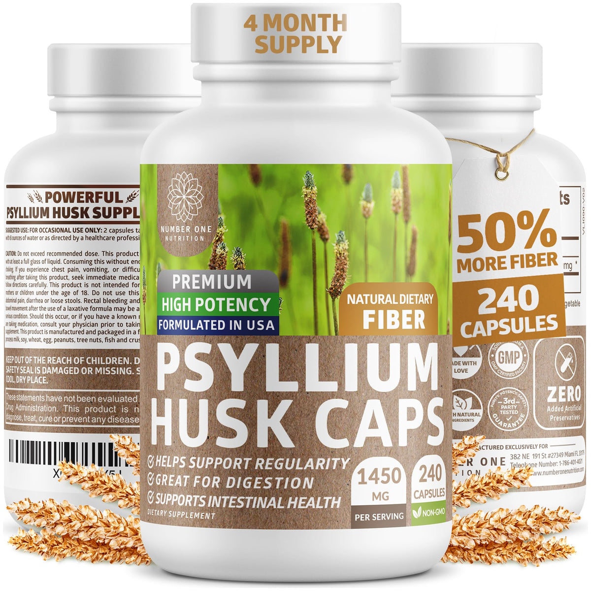 Number One Nutrition Psyllium Husk Capsules 1450mg front view