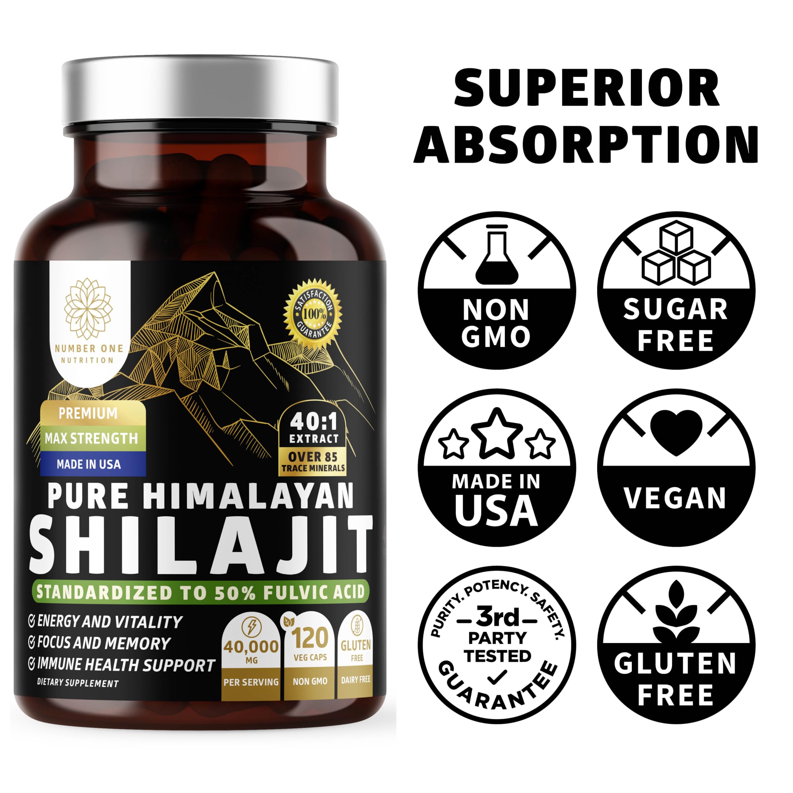 Number One Nutrition Shilajit 1000 Capsules with ingredients displayed