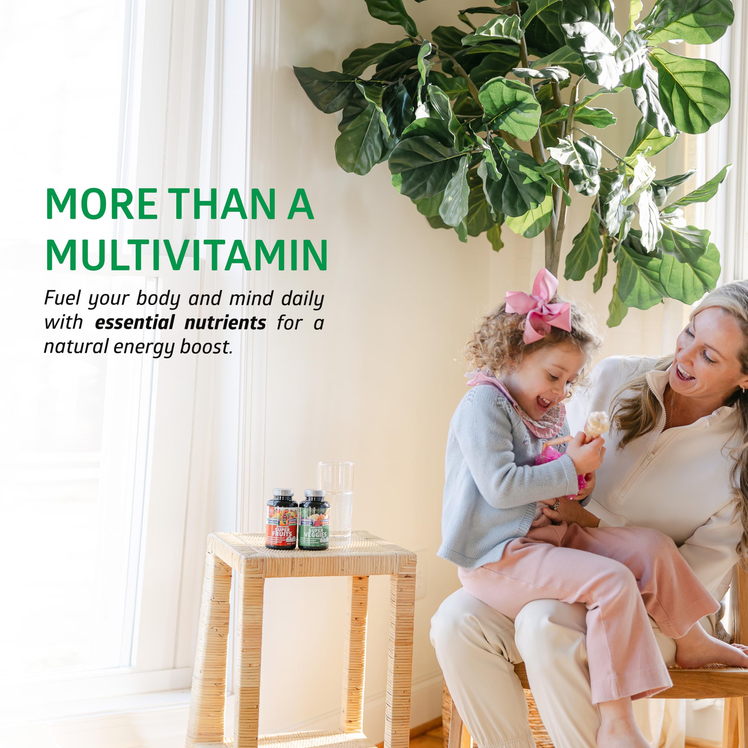 Number One Nutrition Super Fruits and Veggies capsules on a wooden table