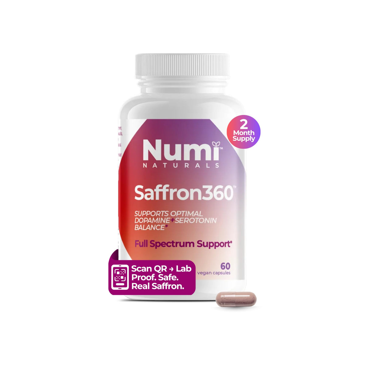 Numi Naturals Saffron360 Capsules bottle front view