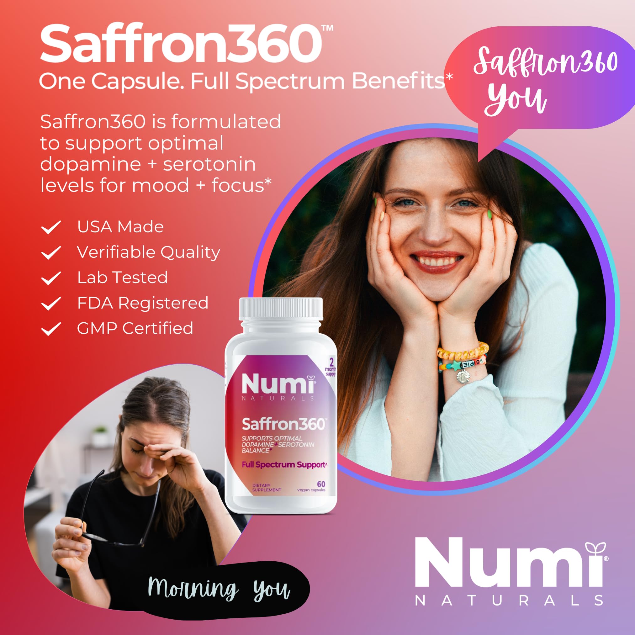 Numi Naturals Saffron360 Capsules with Certificate of Analysis QR code