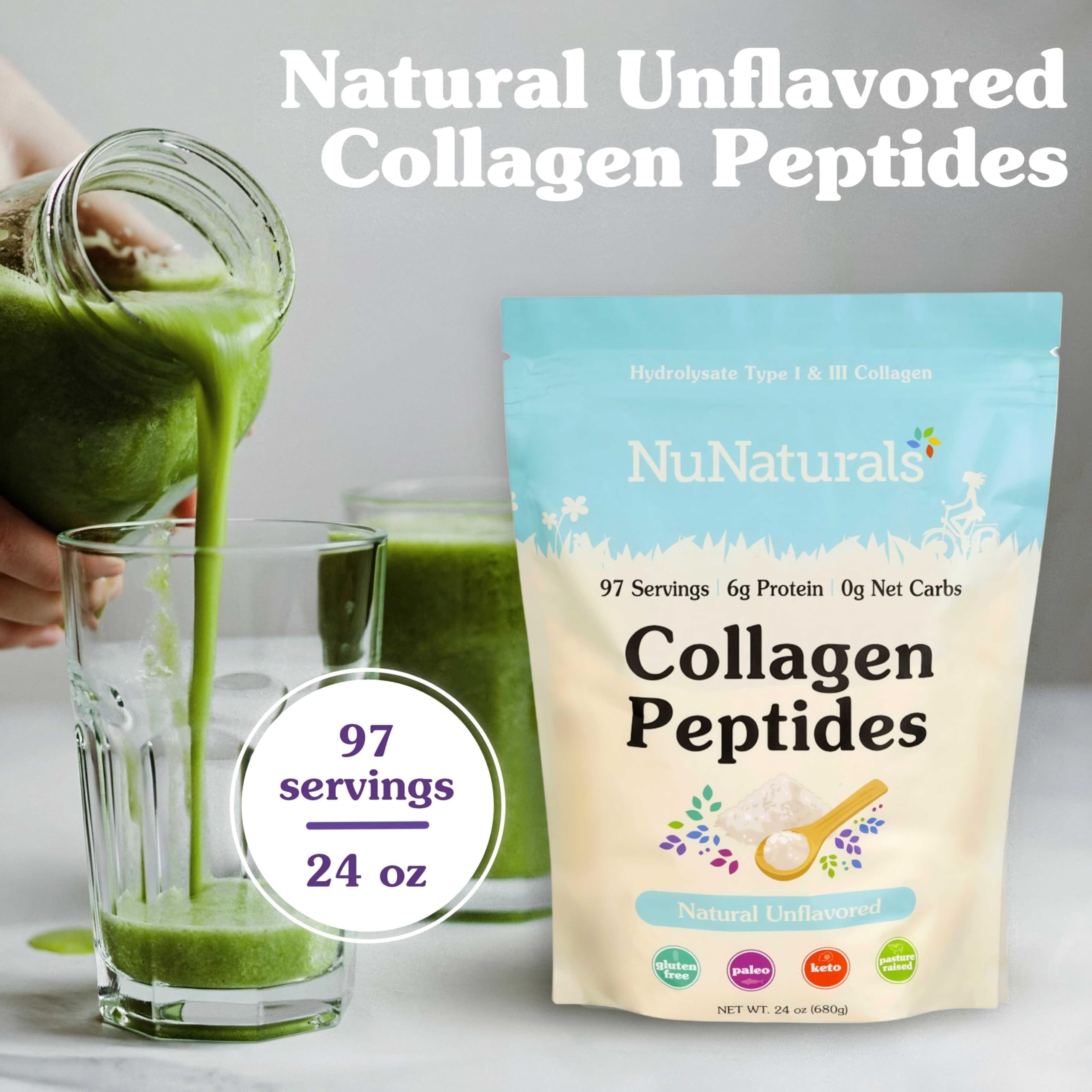 Nunaturals Collagen Hydrolysate B 680g unflavoured powder scoop