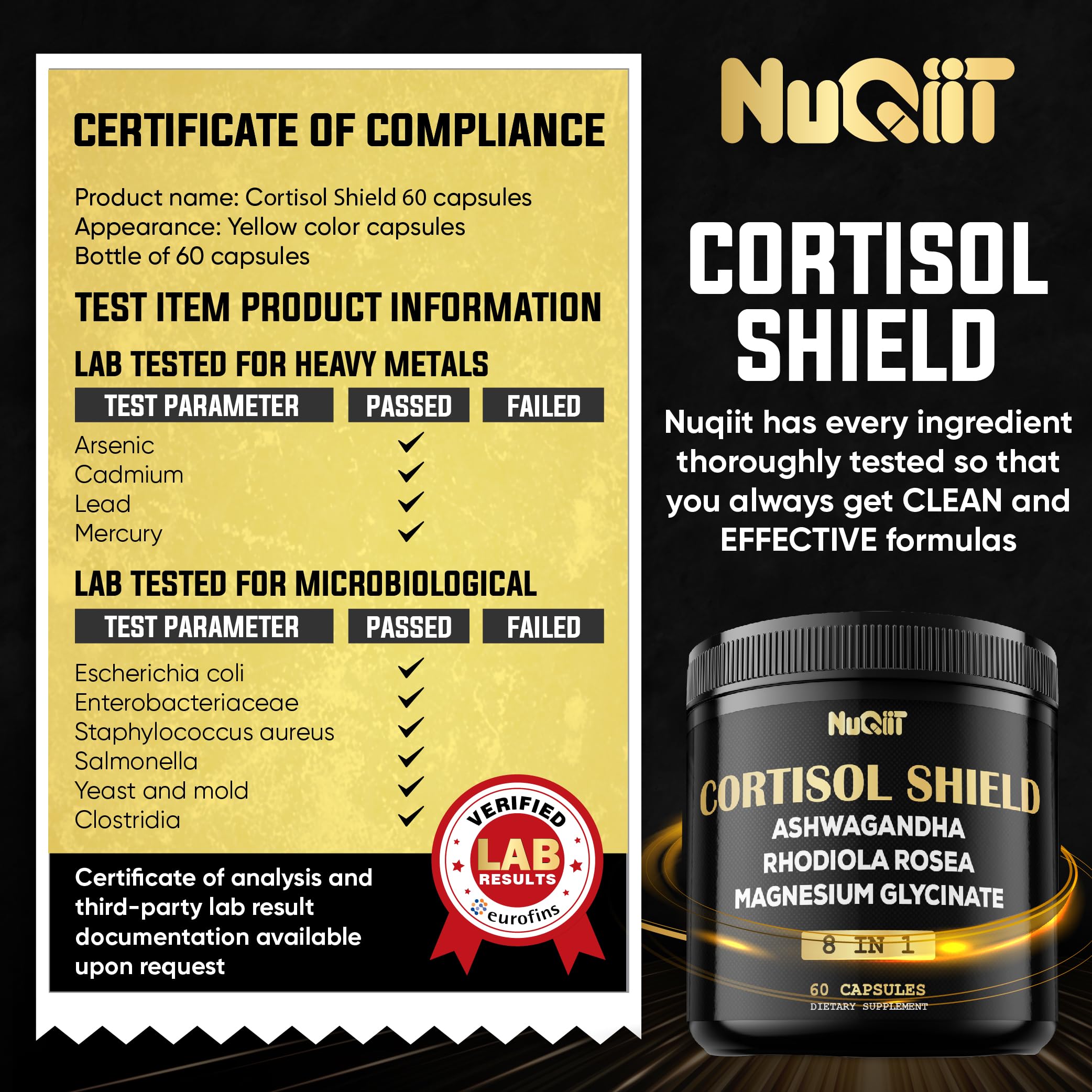 NUQIIT Cortisol Supplement 500mg capsules on a table