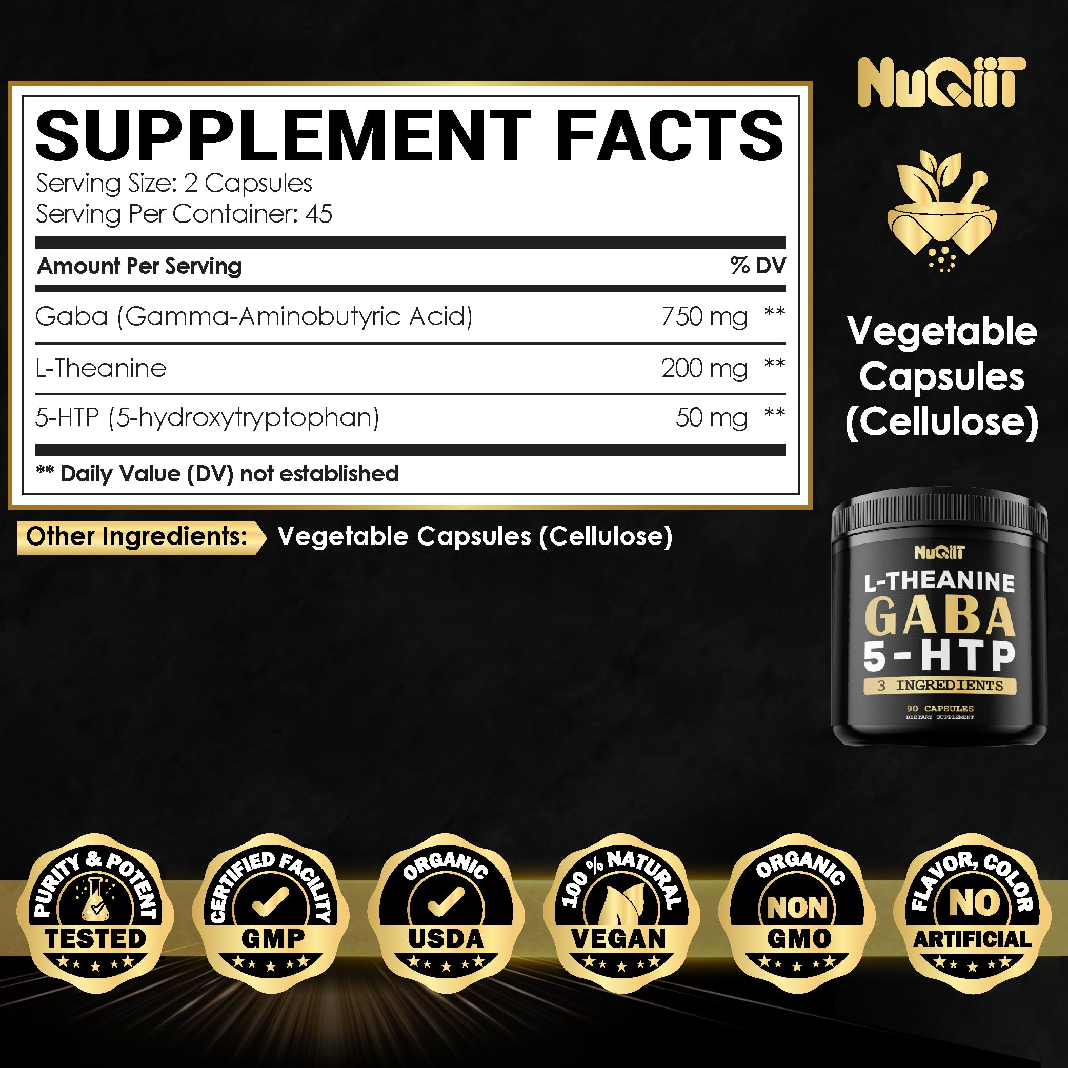 NUQIIT Gaba L-Theanine Supplement 90 capsules back view