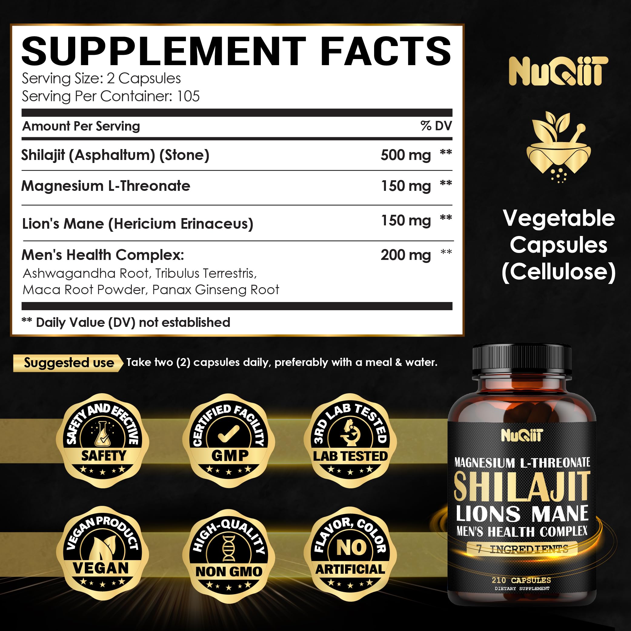 NUQIIT Magnesium with Lions Mane & Shilajit Capsules bottle side view