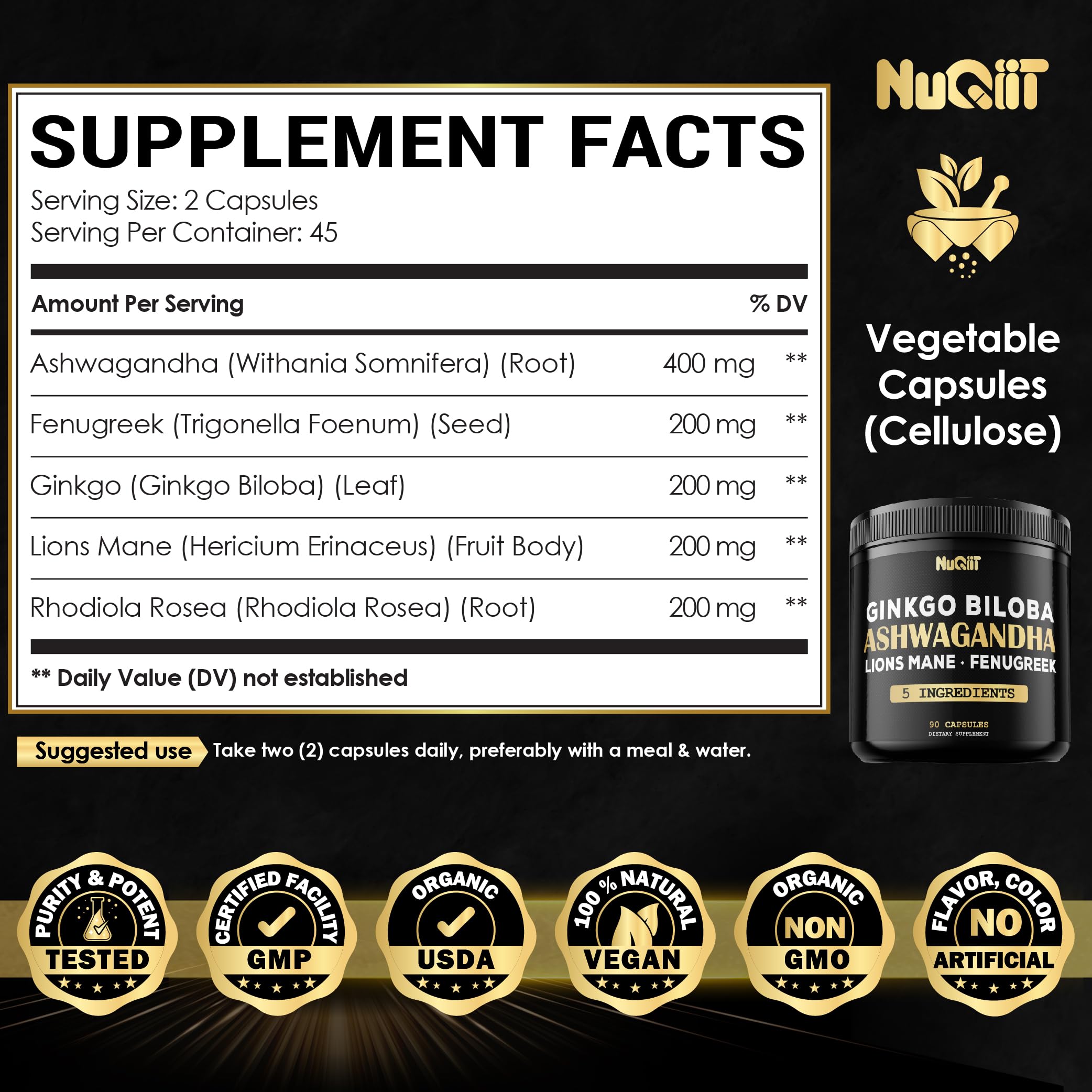 NUQIIT Organic Ashwagandha Supplement bottle with natural backdrop