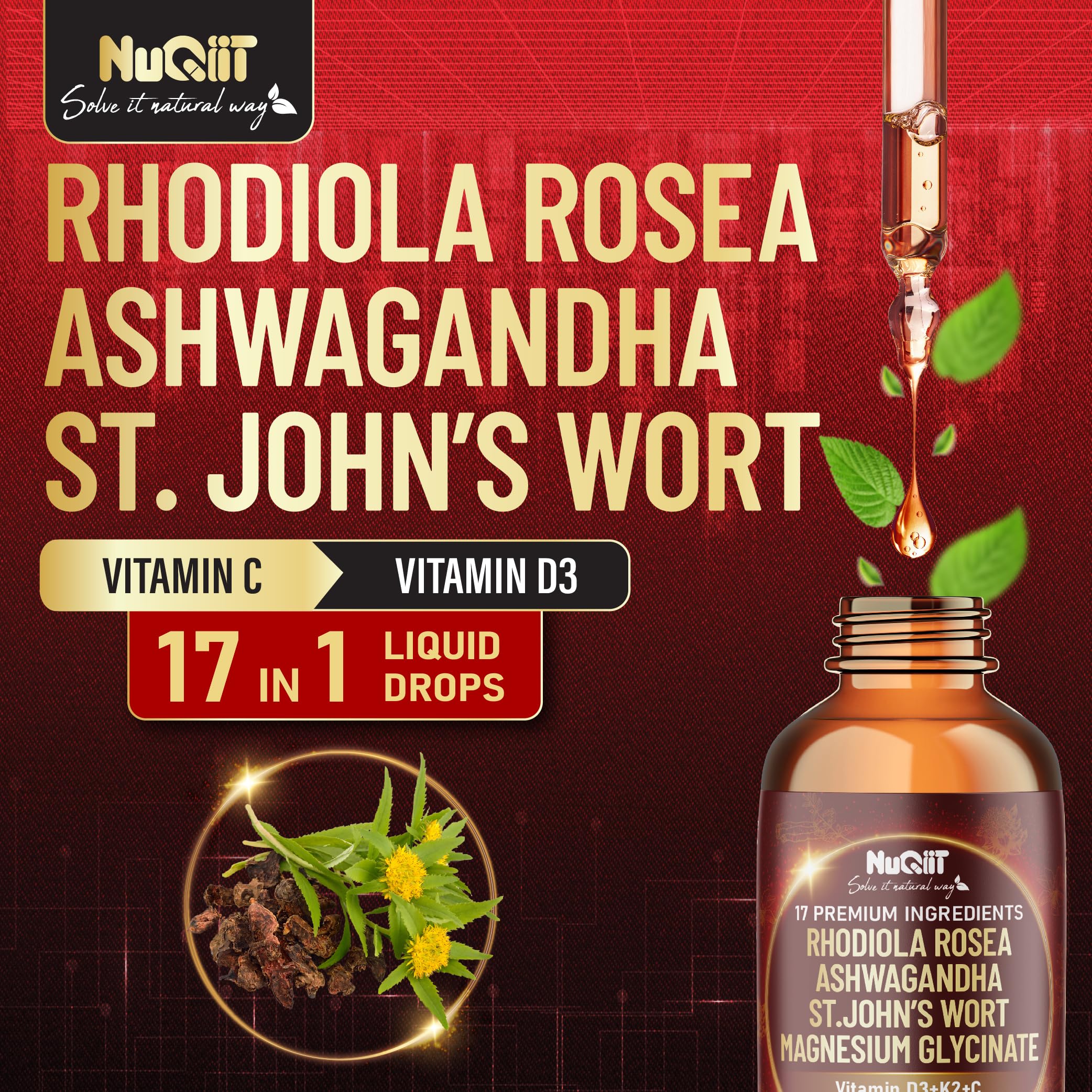 NUQIIT Rhodiola Rosea 17in1 Supplement 30ml bottle side view