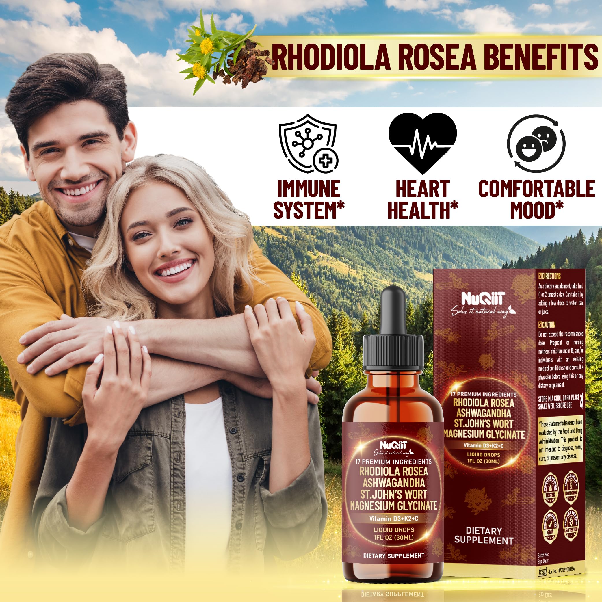NUQIIT Rhodiola Rosea 17in1 Supplement bottle with measuring dropper