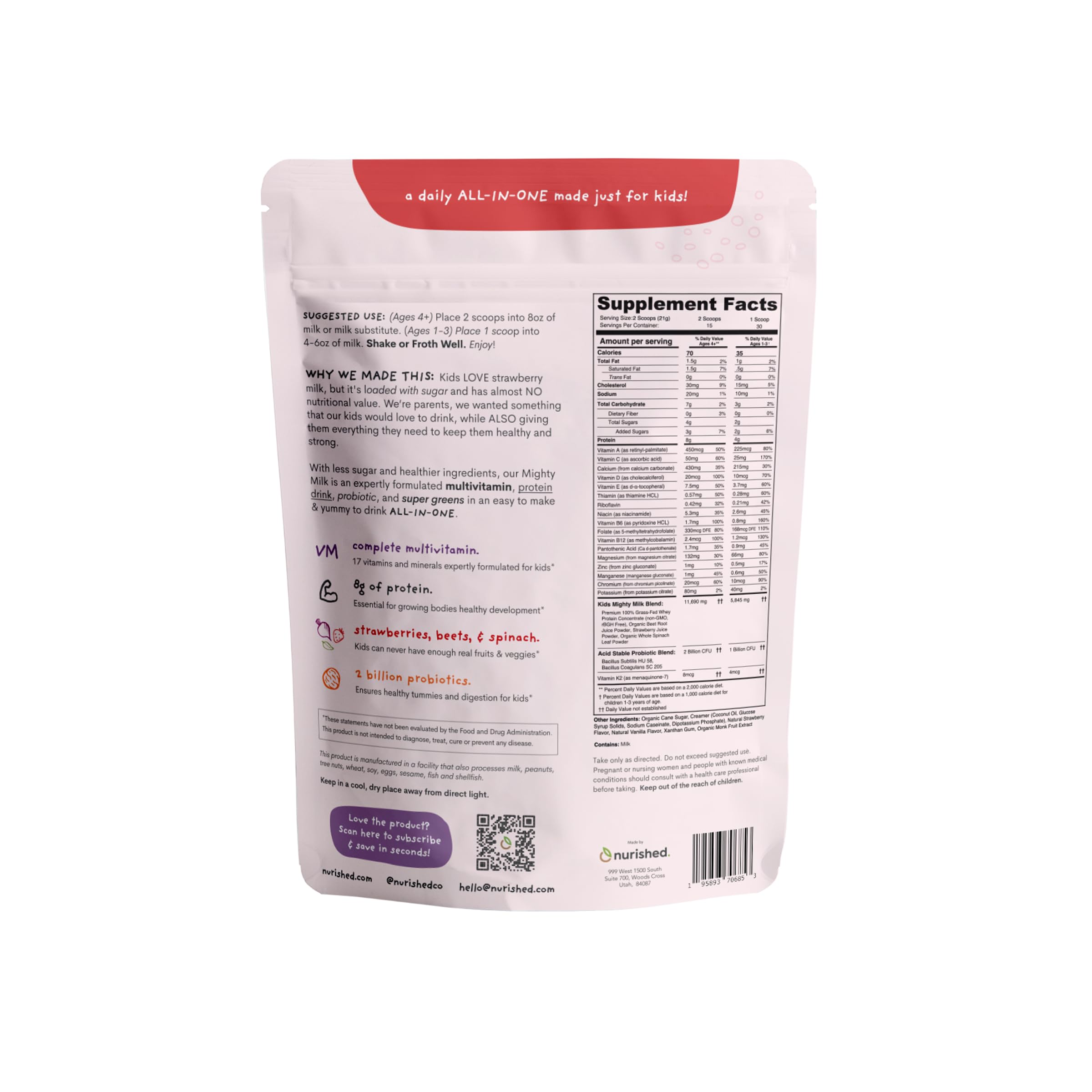 Nurished Mighty Chocolate Milk Drink Mix back view packaging