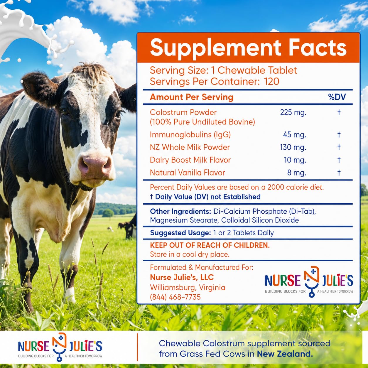 Nurse Julie's Colostrum Chewable Tablets for Kids packaging side view