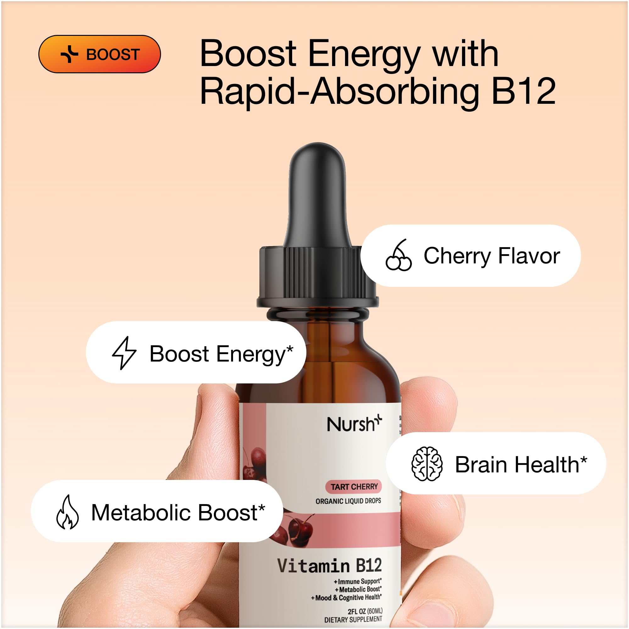 Nursh+ B12 Liquid Drops 5000 mcg cherry flavour side view